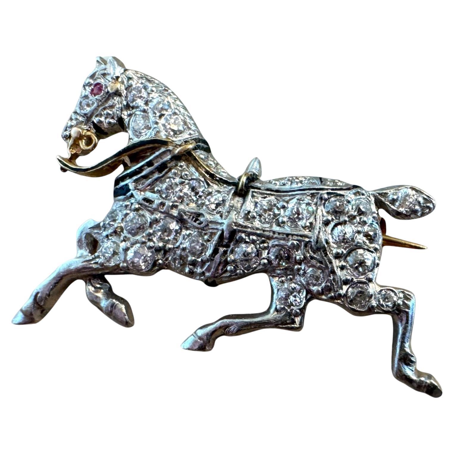 Vintage Diamant-Pferdenbrosche aus Platin & 18K
