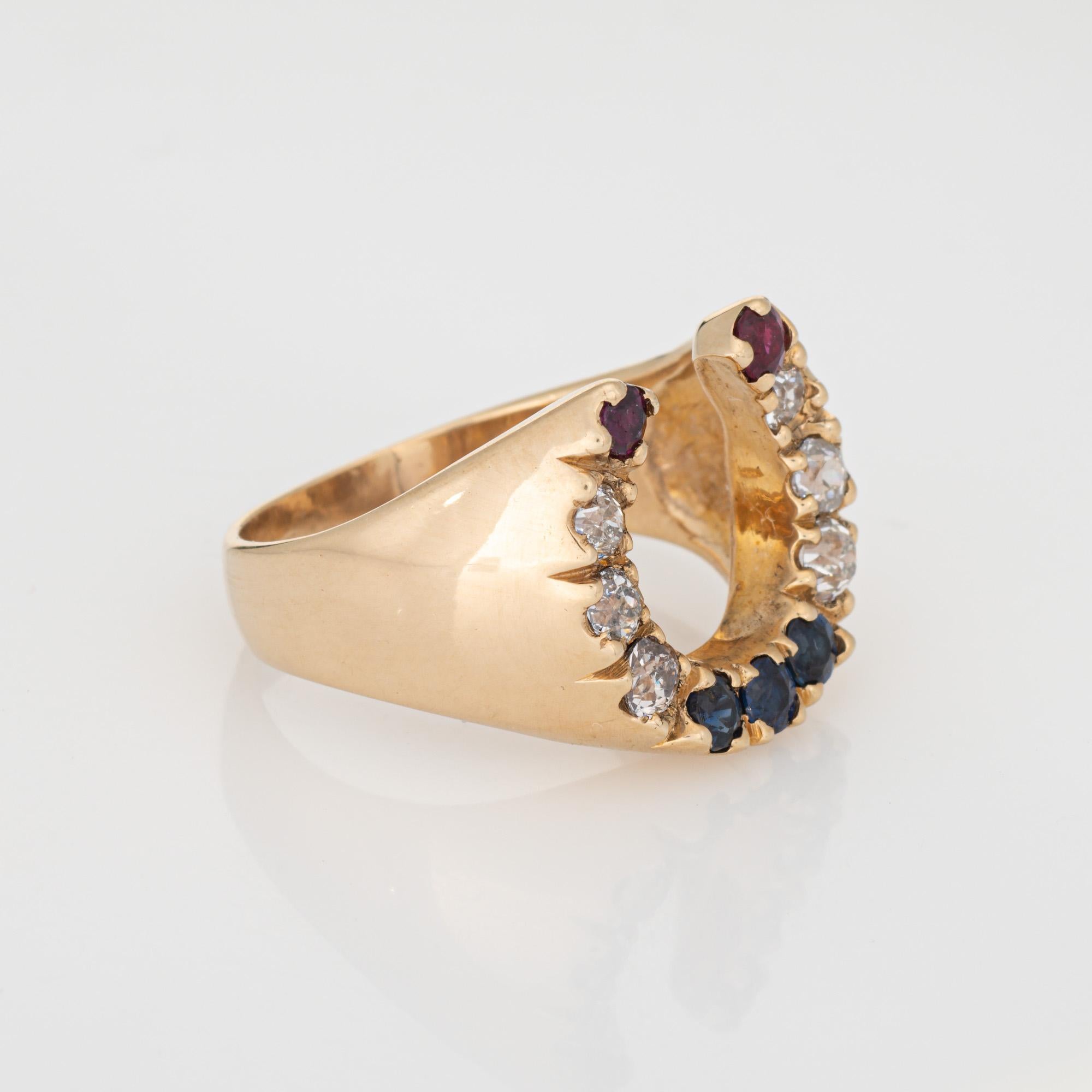 Anillo vintage herradura de diamantes Sz 9 14k Oro Banda de piedras preciosas Joyas de la buena suerte Moderno en venta