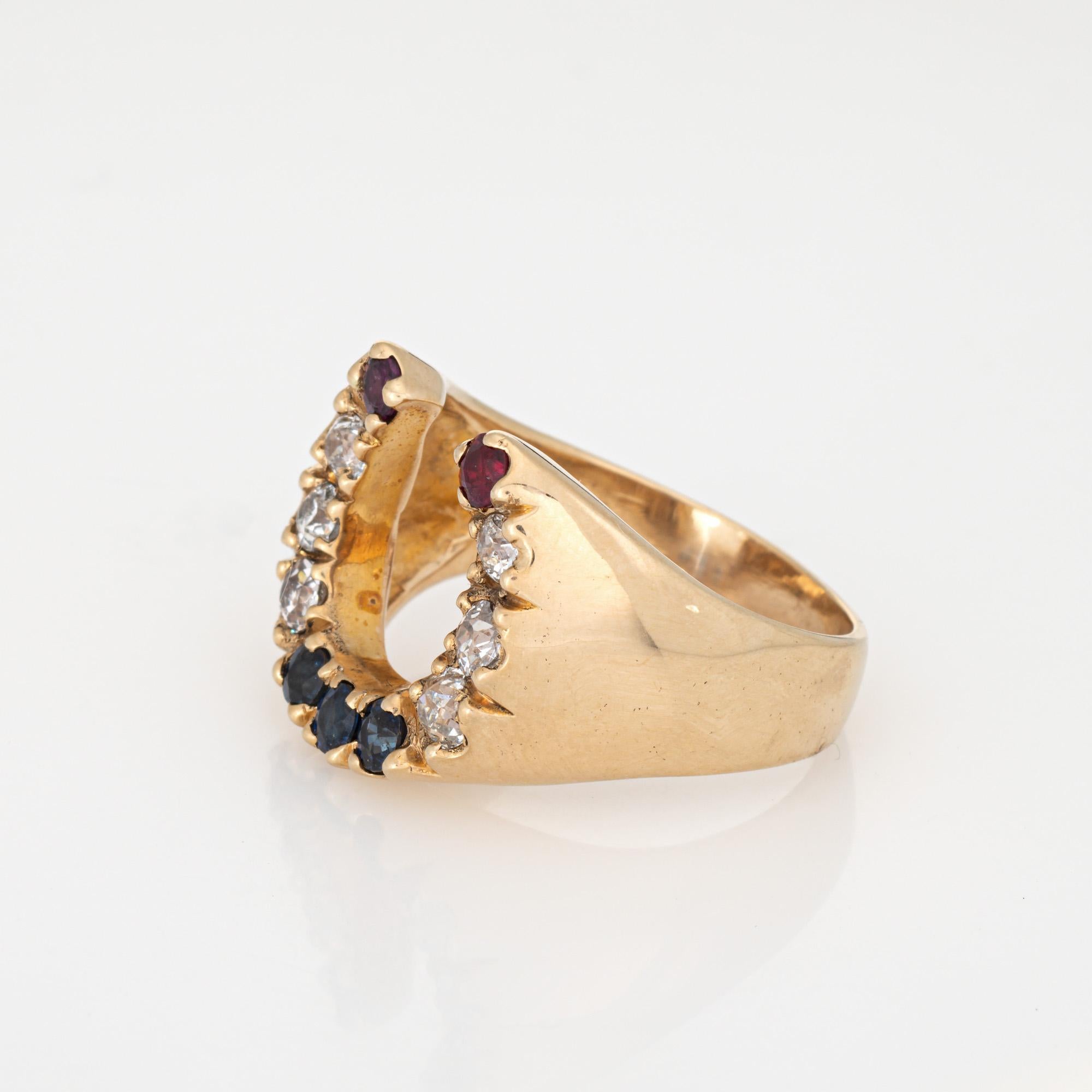 Anillo vintage herradura de diamantes Sz 9 14k Oro Banda de piedras preciosas Joyas de la buena suerte Corte redondo en venta