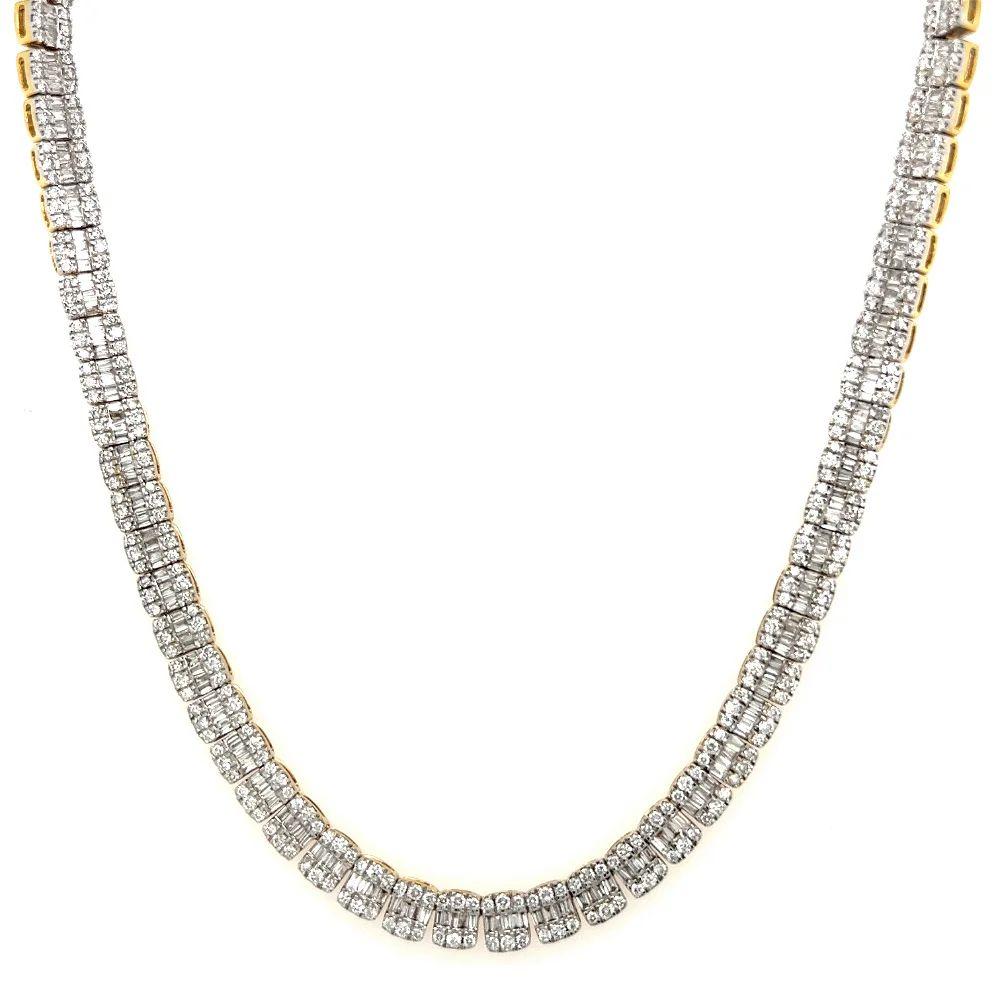 Simply Divine! A Stunning Oscar Worthy Illusion Set Diamond Vintage Gold Statement Diamond Necklace. Securely Hand set with Diamonds, weighing approx. 9.73tcw. Hand crafted in 10K resplendent Yellow and White Gold, a testament to Impeccable