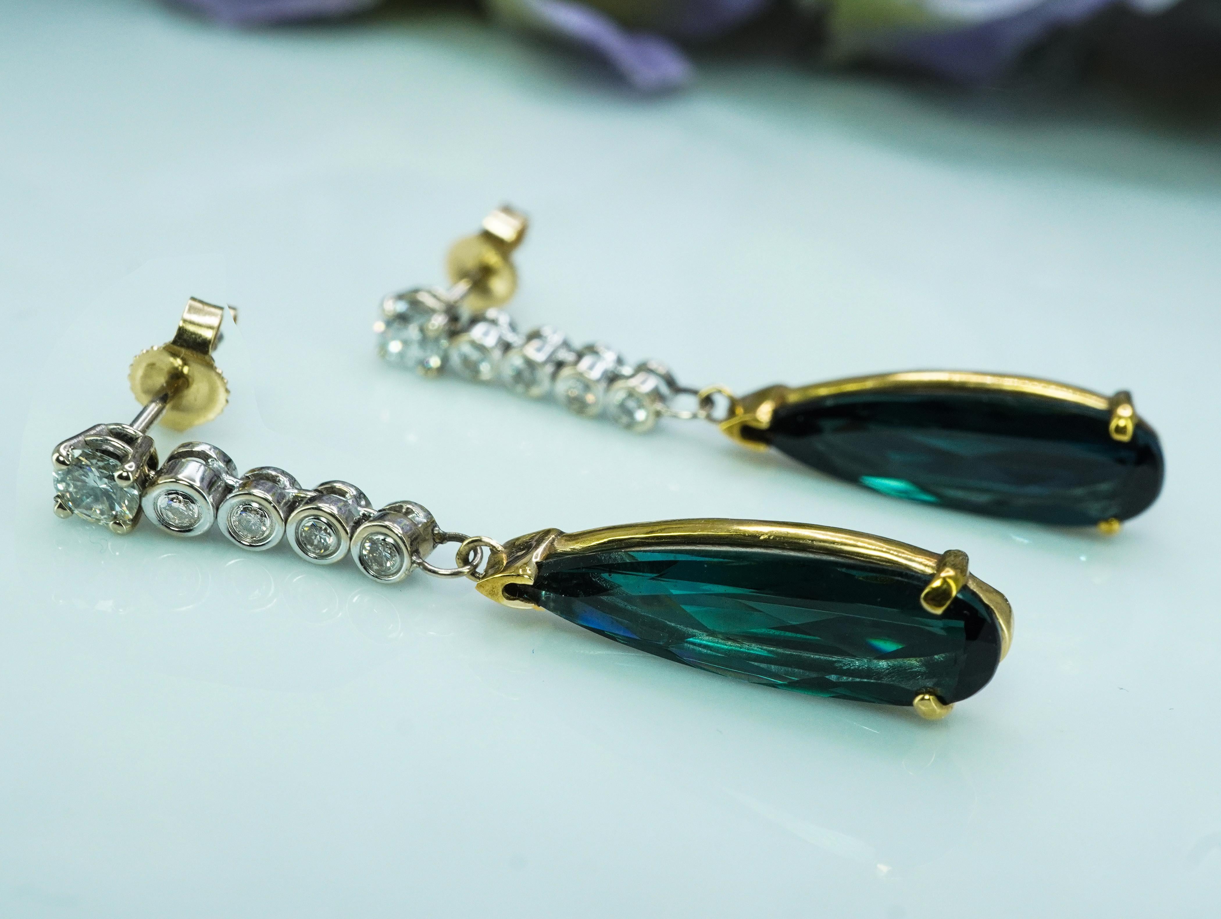 Retro Vintage Diamond Indicolite Blue Tourmaline Earrings 14K Gold Long Dangling 1.5