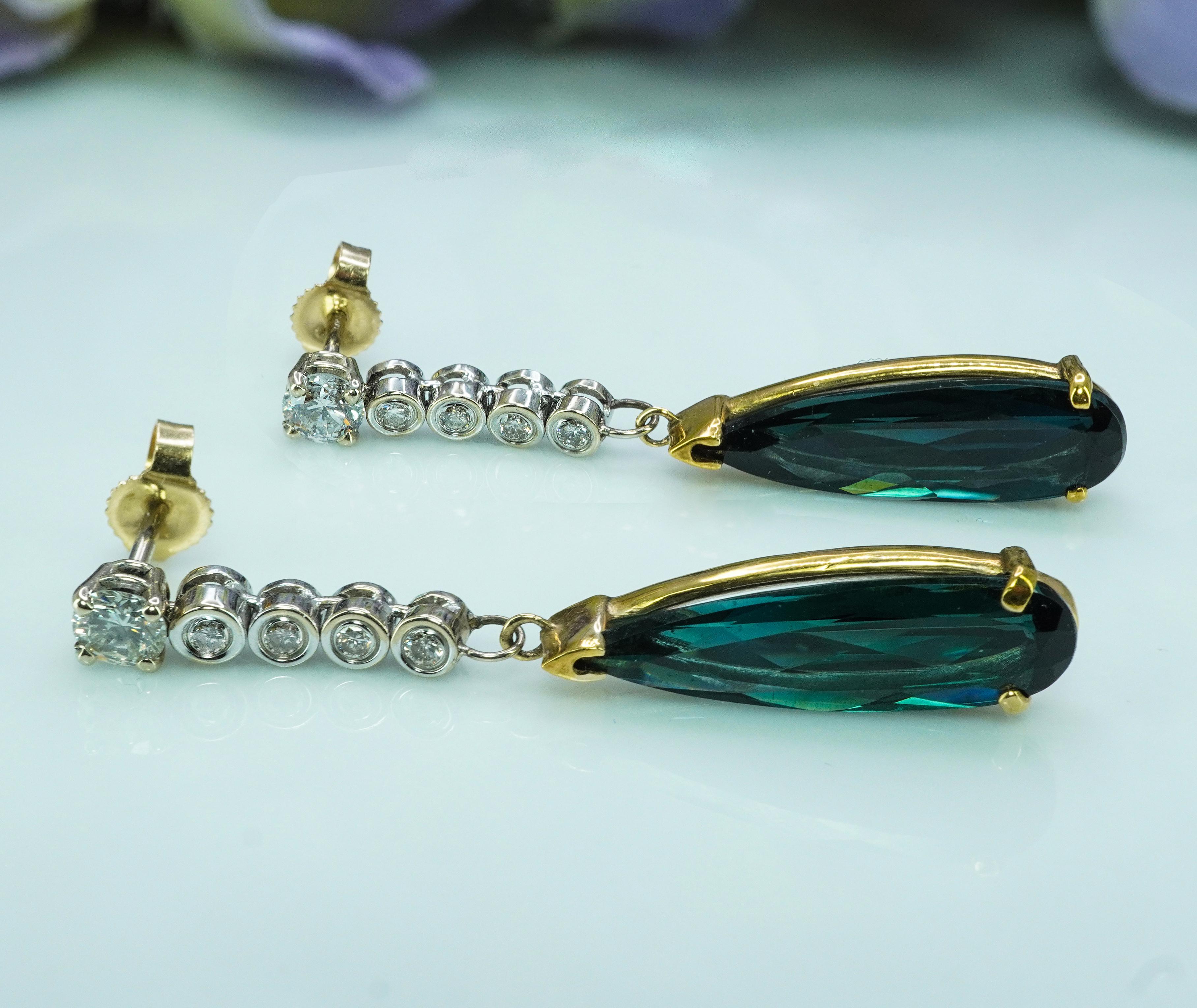 Pear Cut Vintage Diamond Indicolite Blue Tourmaline Earrings 14K Gold Long Dangling 1.5