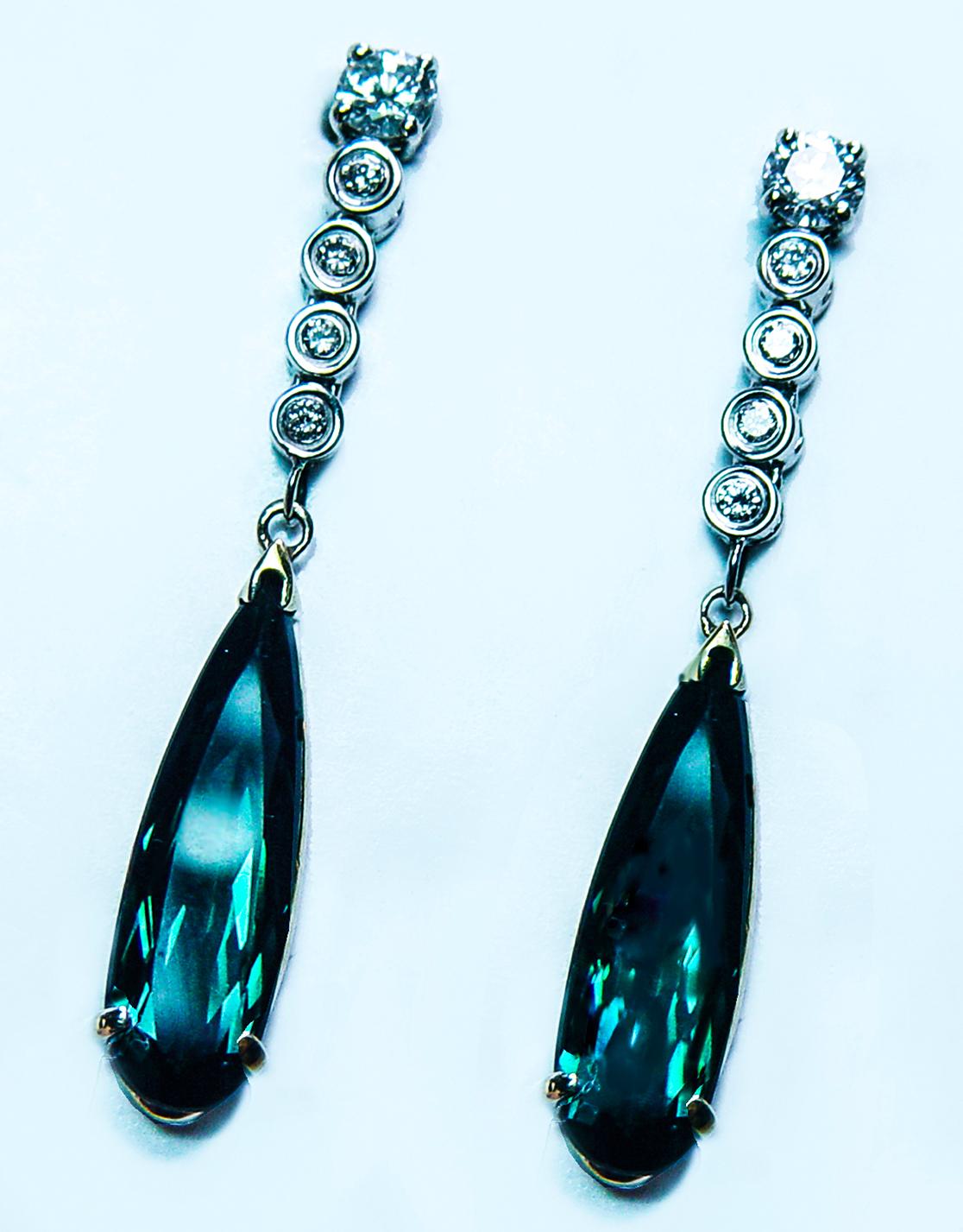 Vintage Diamond Indicolite Blue Tourmaline Earrings 14K Gold Long Dangling 1.5