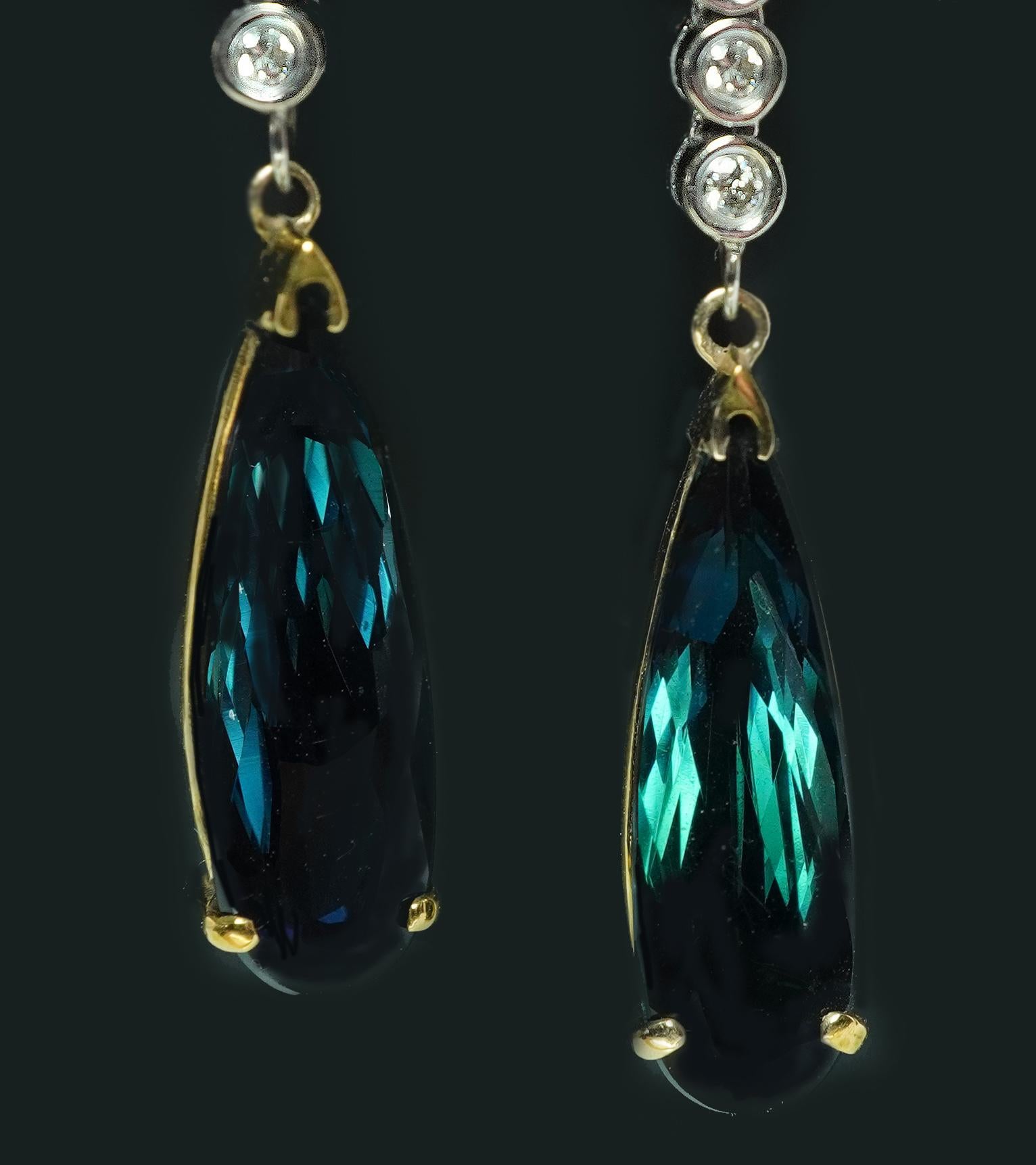 Women's Vintage Diamond Indicolite Blue Tourmaline Earrings 14K Gold Long Dangling 1.5
