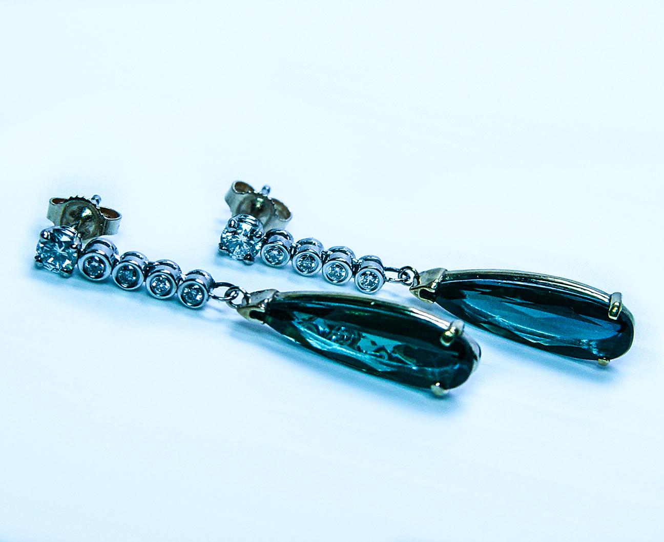 Vintage Diamond Indicolite Blue Tourmaline Earrings 14K Gold Long Dangling 1.5