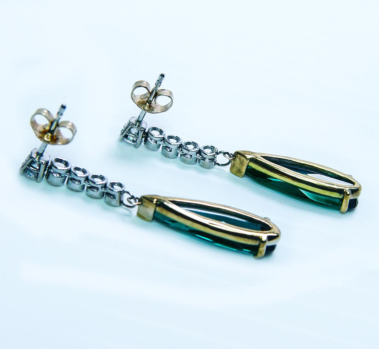 Vintage Diamond Indicolite Blue Tourmaline Earrings 14K Gold Long Dangling 1.5