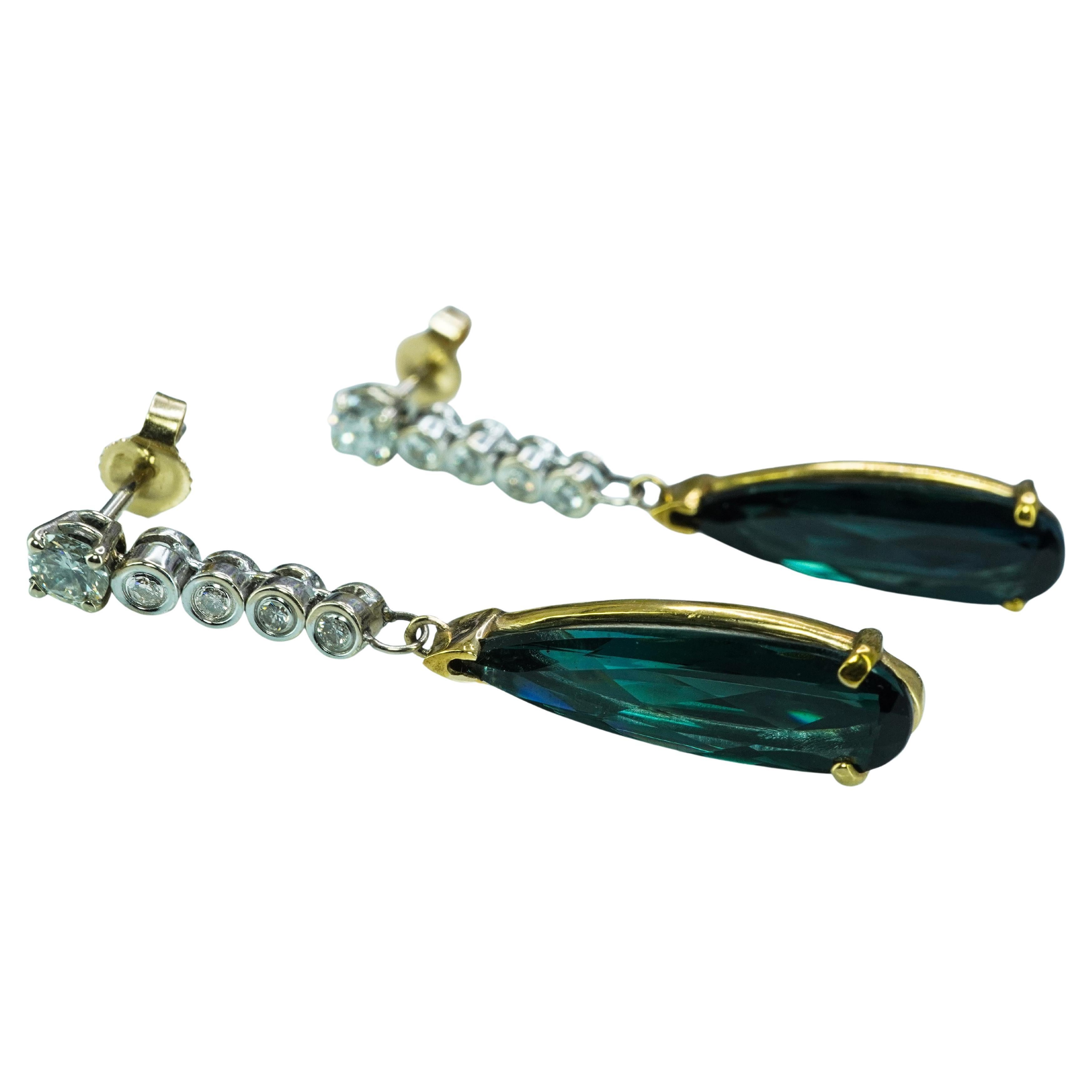 Vintage Diamond Indicolite Blue Tourmaline Earrings 14K Gold Long Dangling 1.5" For Sale