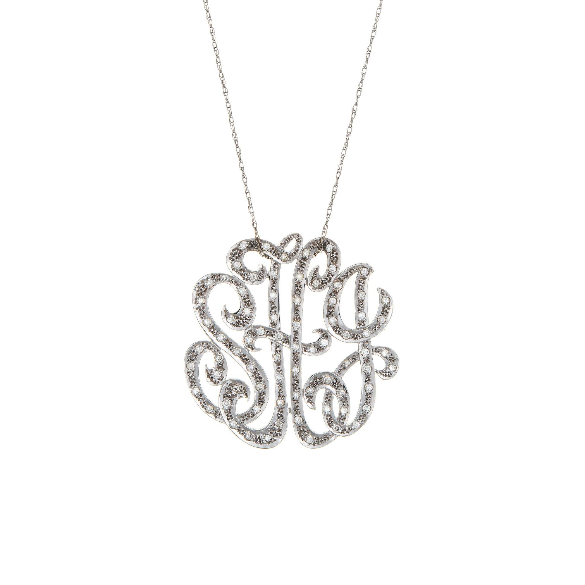Modern Vintage Diamond Initial Pendant Necklace SHJ 14k White Gold Script Jewelry