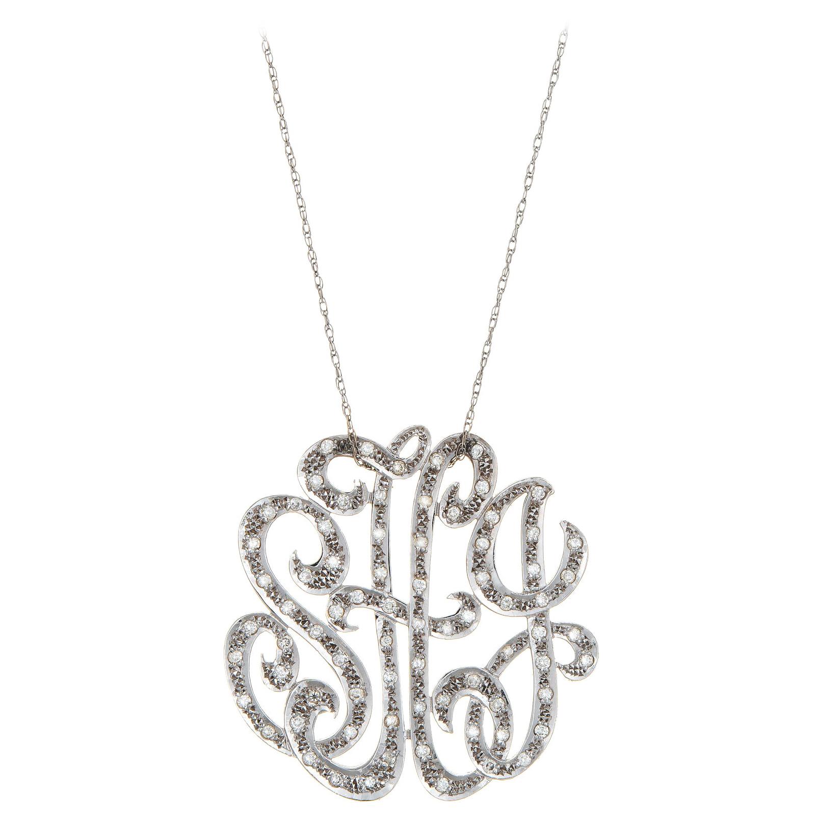 Vintage Diamond Initial Pendant Necklace SHJ 14k White Gold Script Jewelry