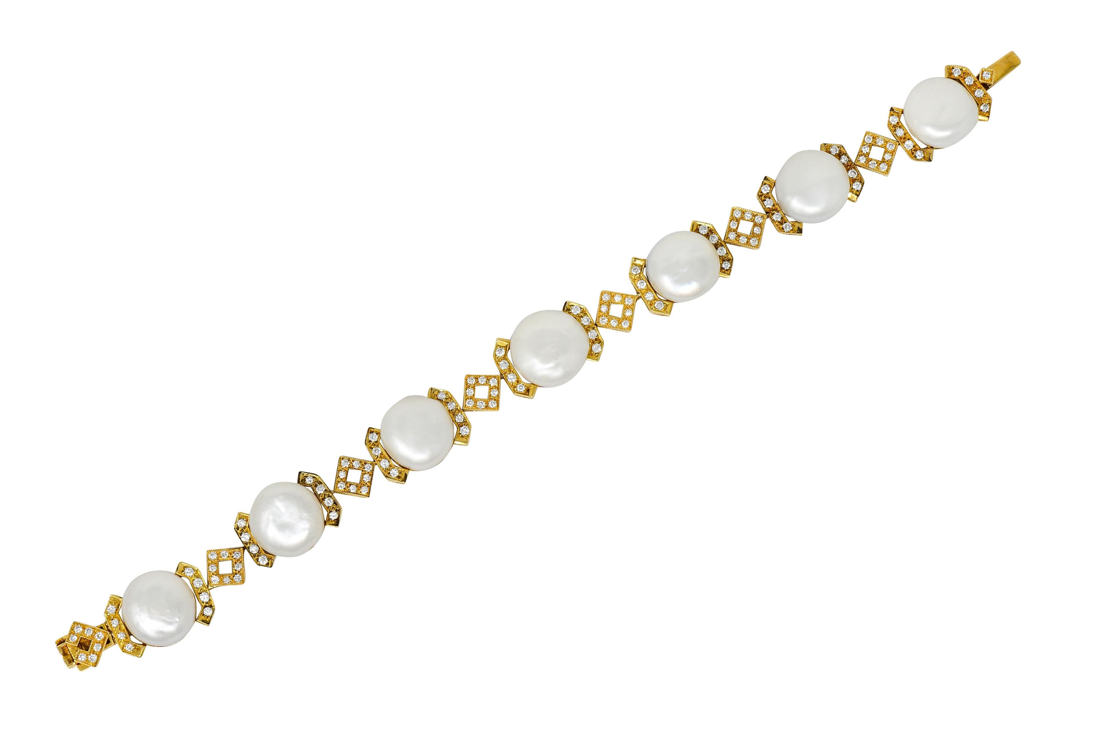 Link style bracelet designed as geometric links with milgrain detail and features seven round keshi pearls

Measuring approximately 12.0 mm with well-matched white body color and excellent luster

Bead set throughout with round brilliant cut