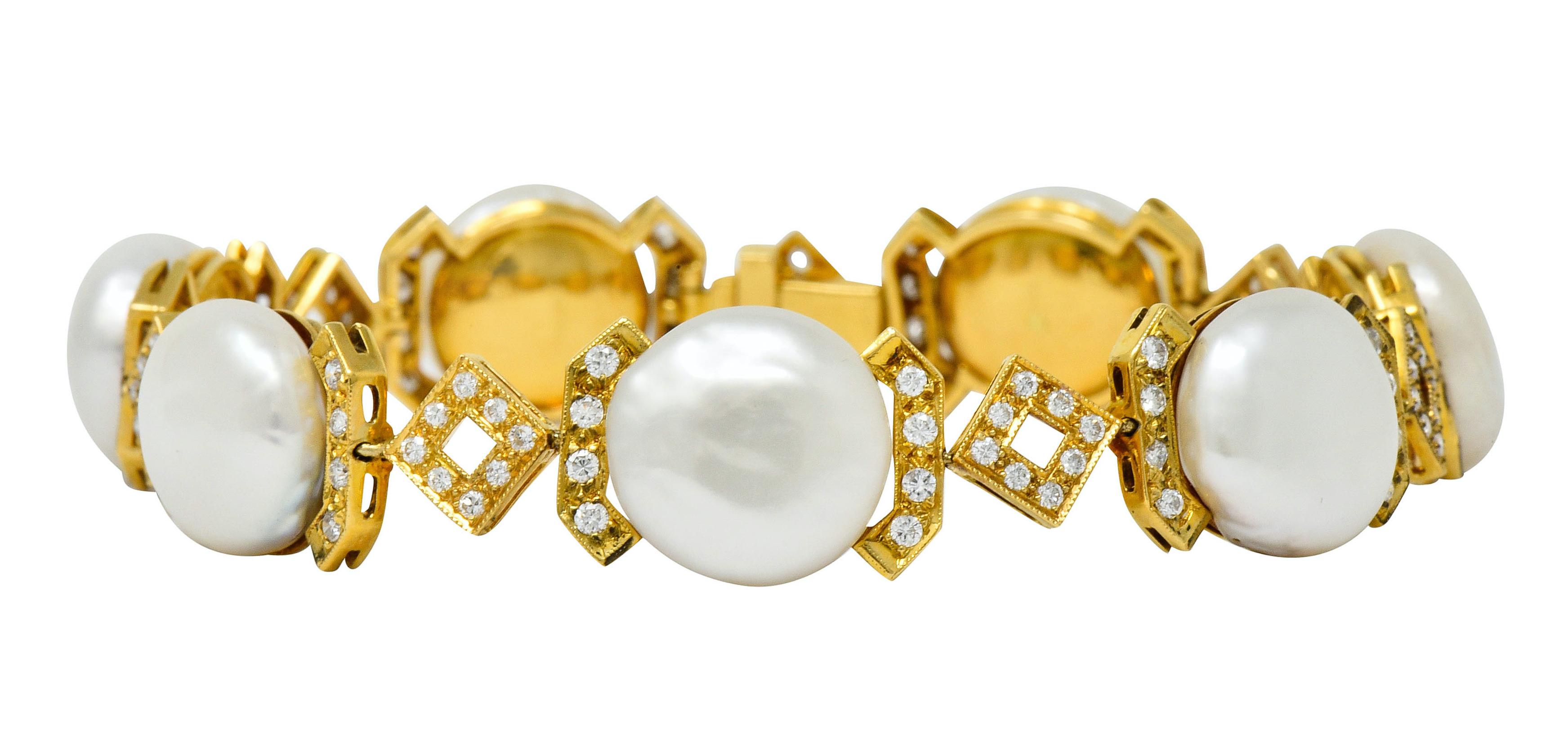Contemporary Vintage Diamond Keshi Pearl 18 Karat Yellow Gold Link Bracelet