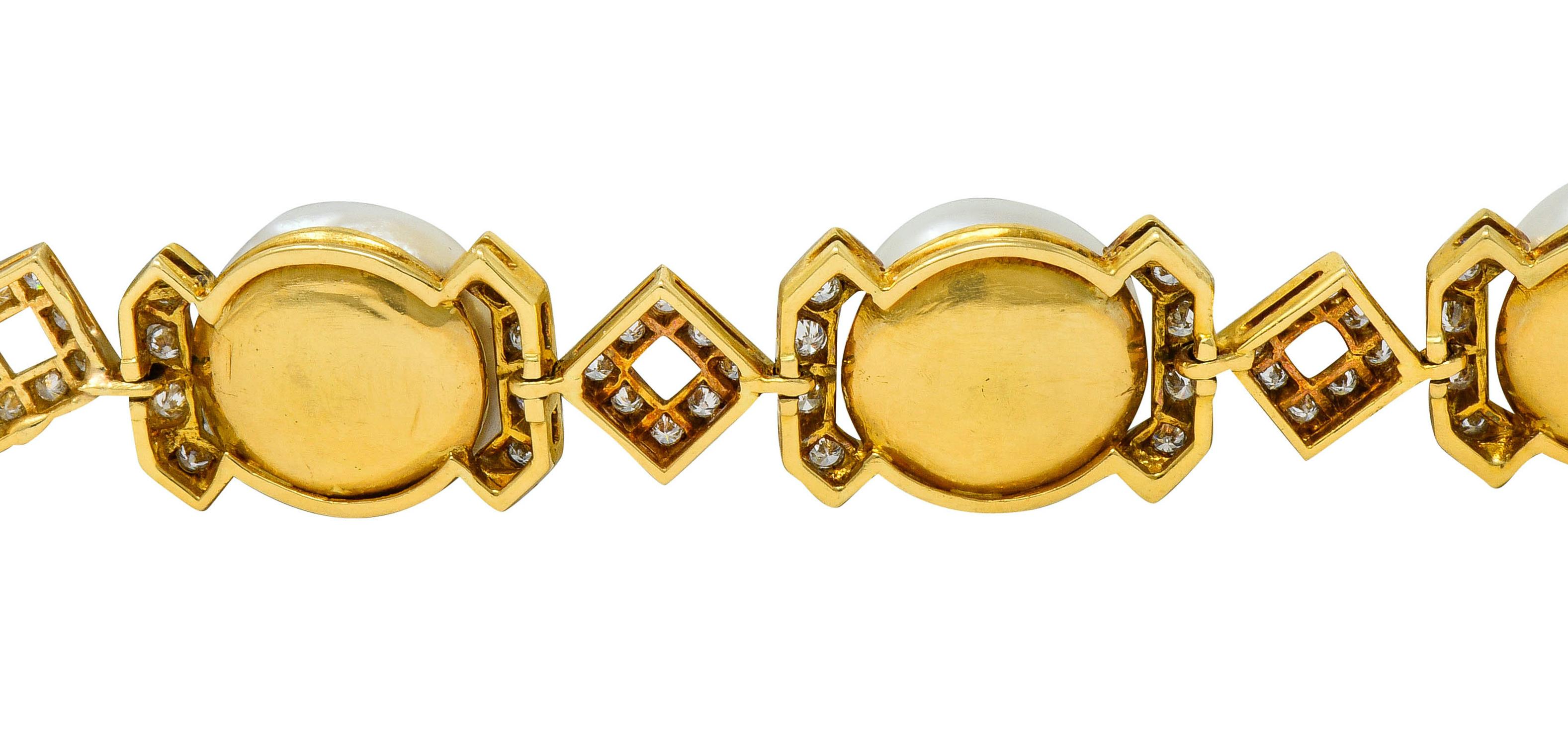 Women's or Men's Vintage Diamond Keshi Pearl 18 Karat Yellow Gold Link Bracelet