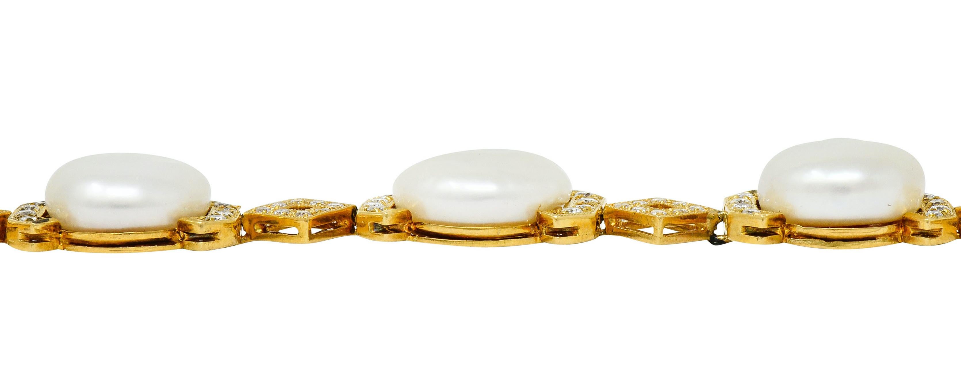 Vintage Diamond Keshi Pearl 18 Karat Yellow Gold Link Bracelet 2