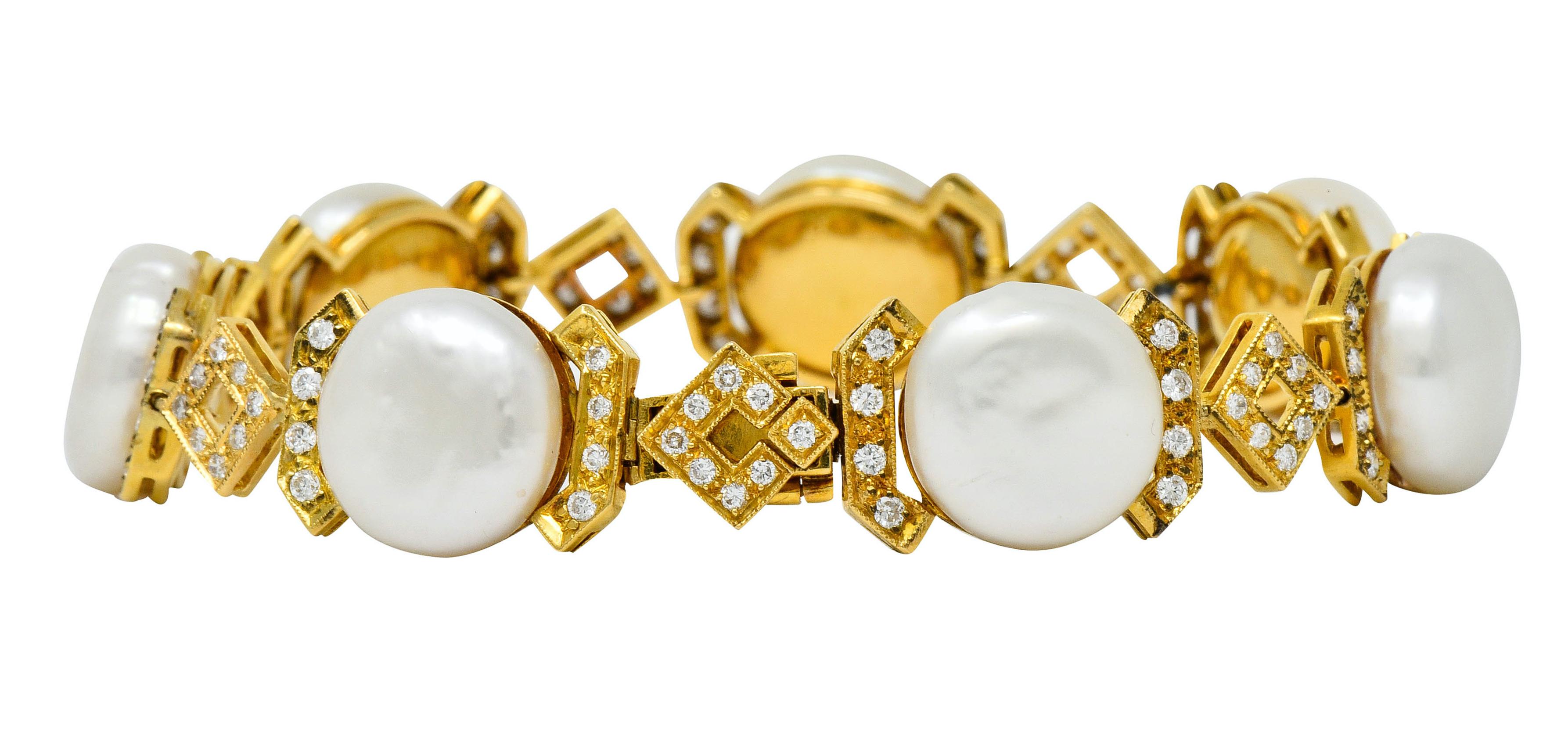 Vintage Diamond Keshi Pearl 18 Karat Yellow Gold Link Bracelet 3