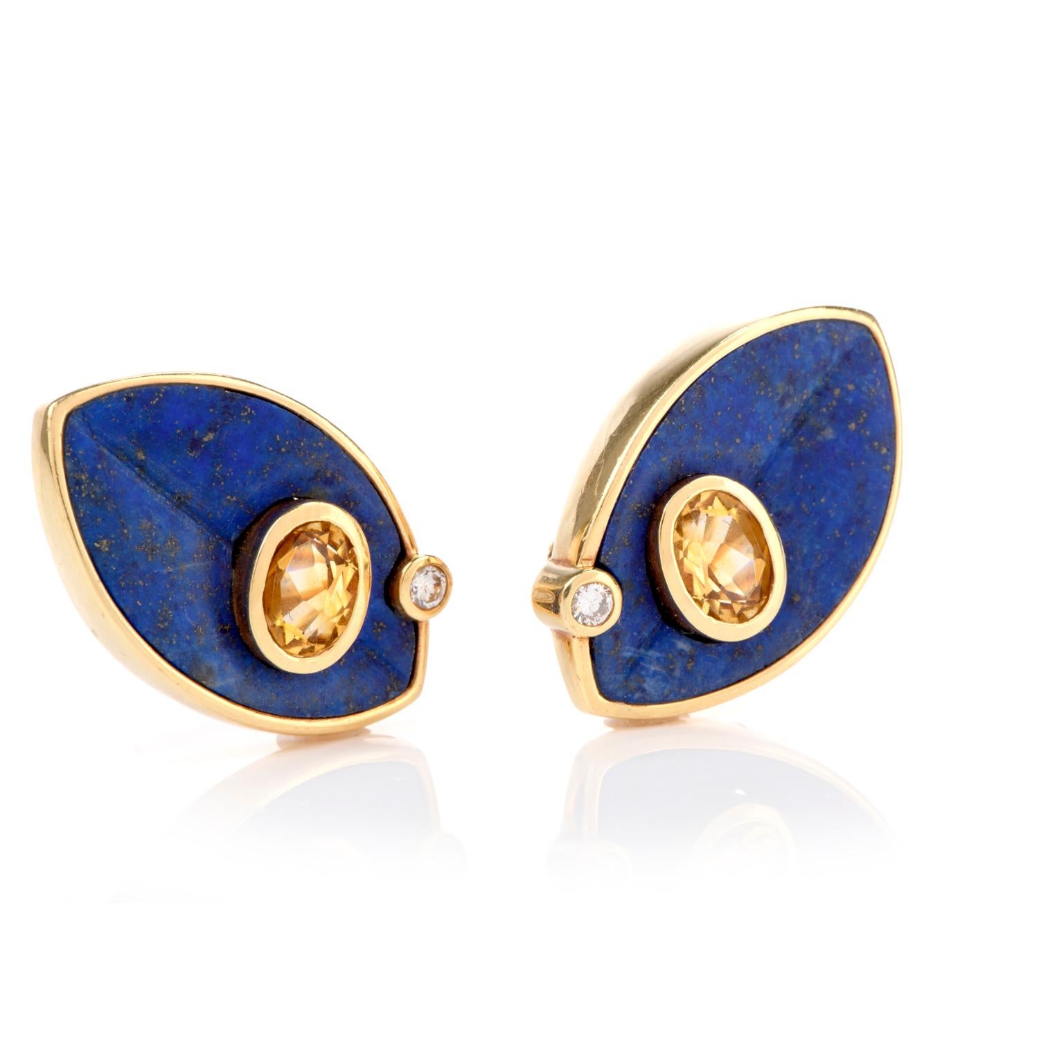 These Fashion Statement 1970's vintage Diamond Lapis and Citrine Clipon Earrings were inspired of an Abstract Geometrical pattern  and crafted in 18K gold. The elongated  marquise shaped Lapis immediately draws the eye to focus. Resting atop is a