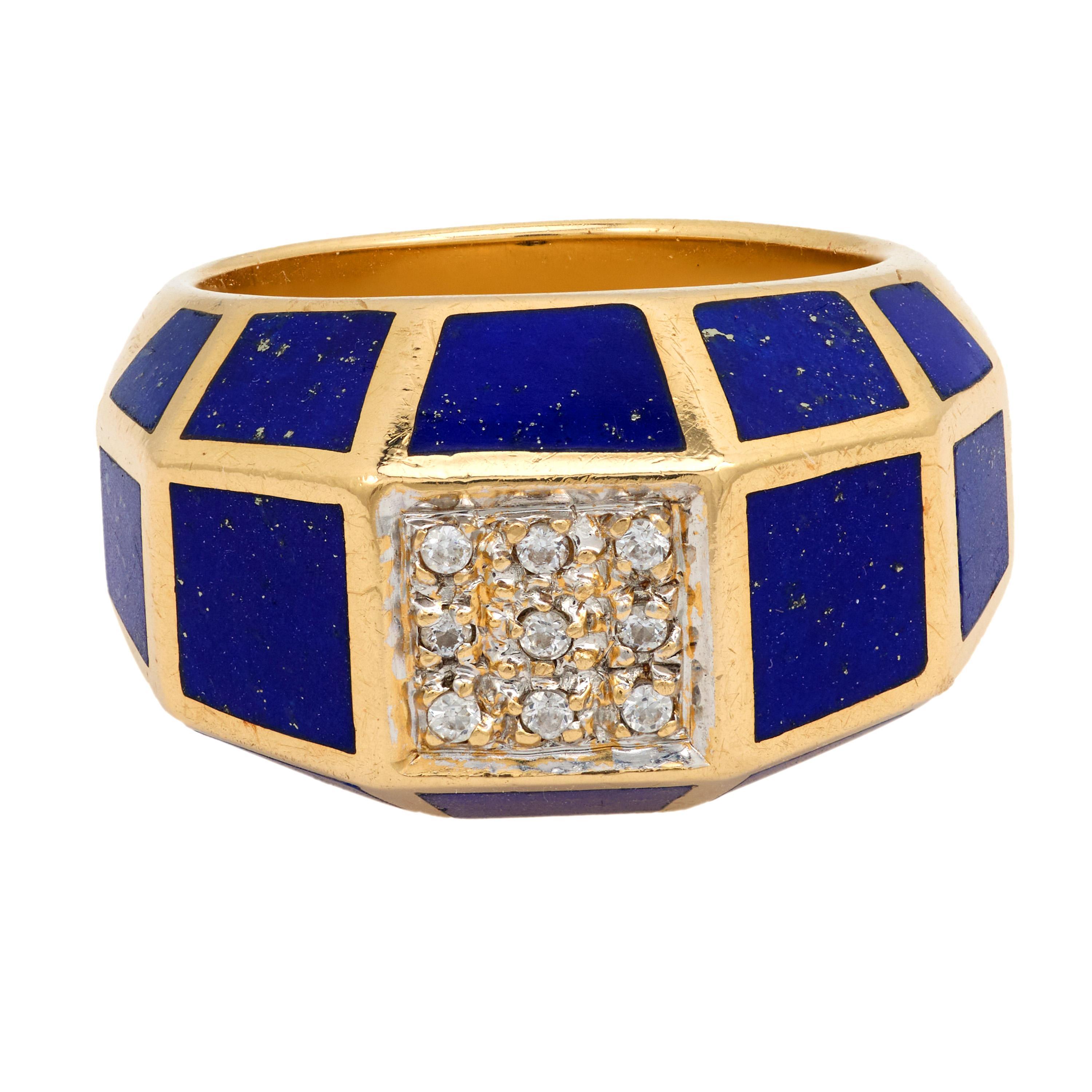 Moderne Bague vintage en or jaune 14k avec diamant et lapis-lazuli en vente
