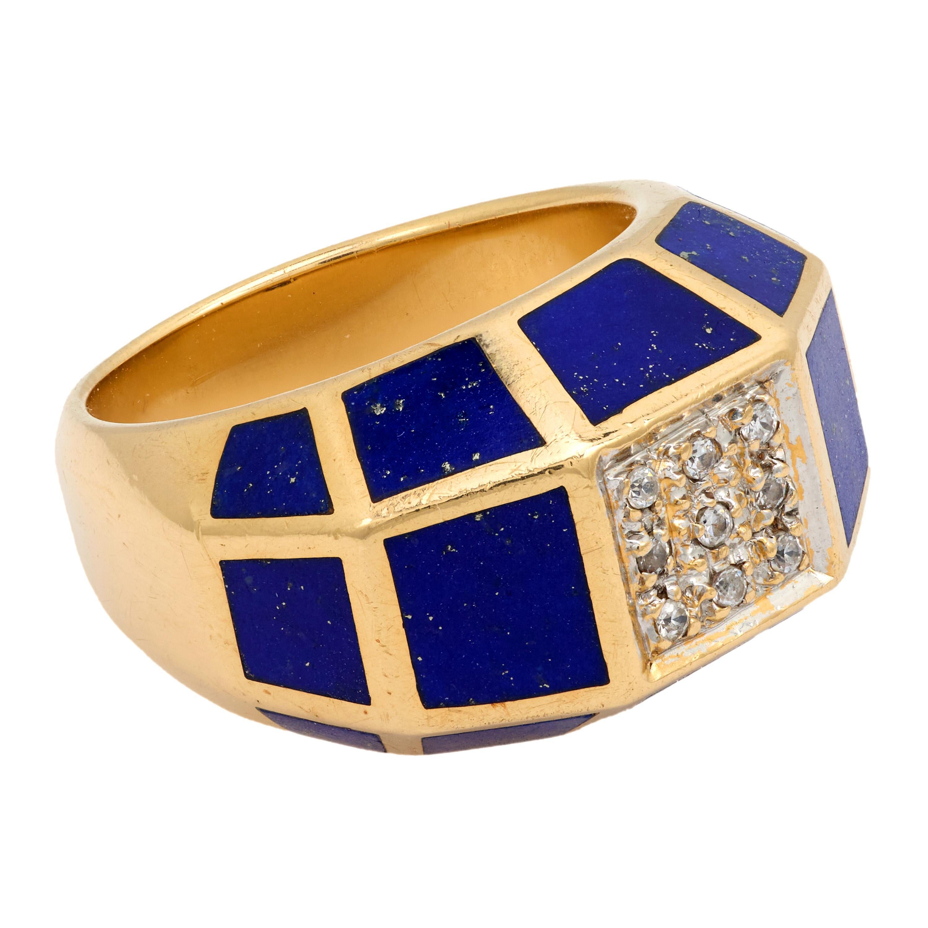 Bague vintage en or jaune 14k avec diamant et lapis-lazuli Bon état - En vente à Beverly Hills, CA