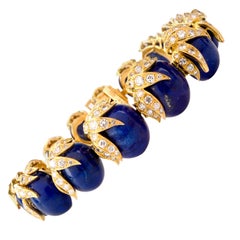 Vintage Diamond Lapis Lazuli 18 Karat Floral Motif Bracelet