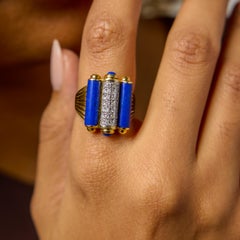 Vintage diamond lapis lazuli 18k yellow gold cocktail ring