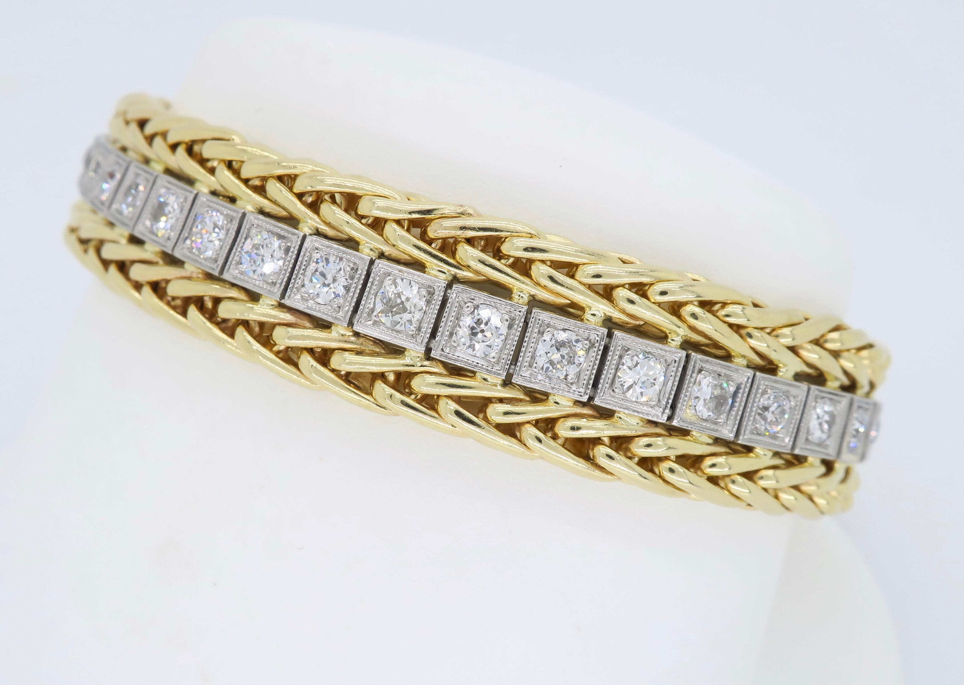 This stunning two tone 14K gold bracelet features approximately 2.50CTW of Old European Cut Diamonds.

Diamond Carat Weight: Approximately 2.50CTW
Diamond Cut: 40 Old European Cut Diamonds
Color: Average F-K
Clarity: Average VS-I
Metal: 14K Yellow