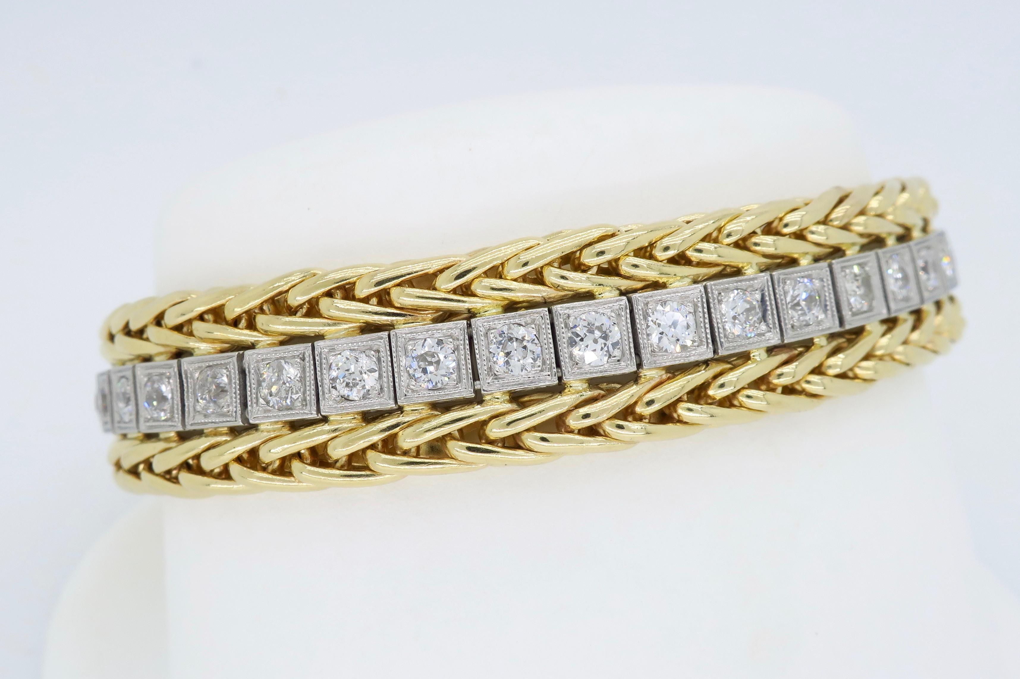 Vintage Diamond Line Bracelet in White and Yellow Gold In Excellent Condition In Webster, NY