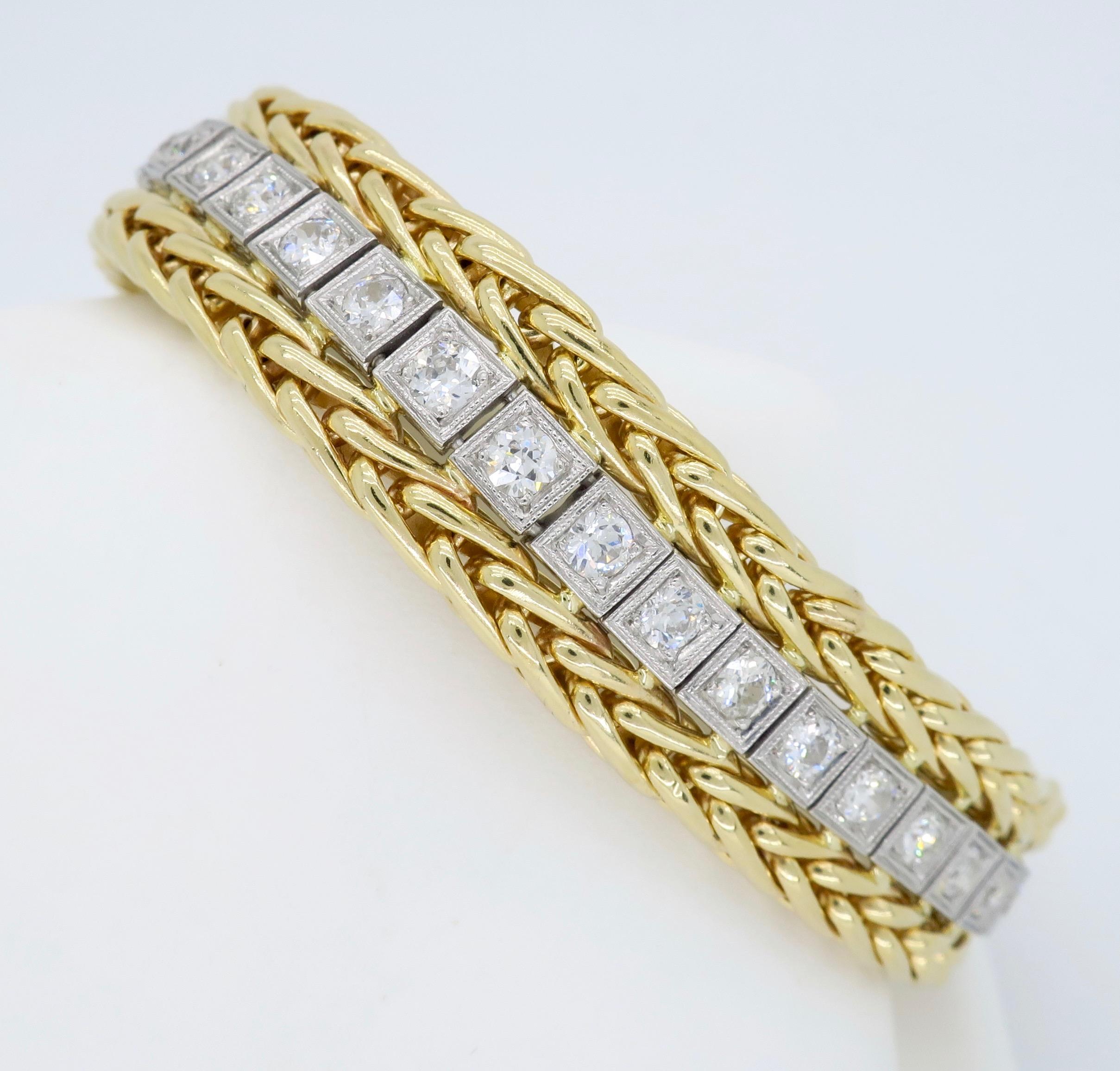 Women's or Men's Vintage Diamond Line Bracelet in White and Yellow Gold