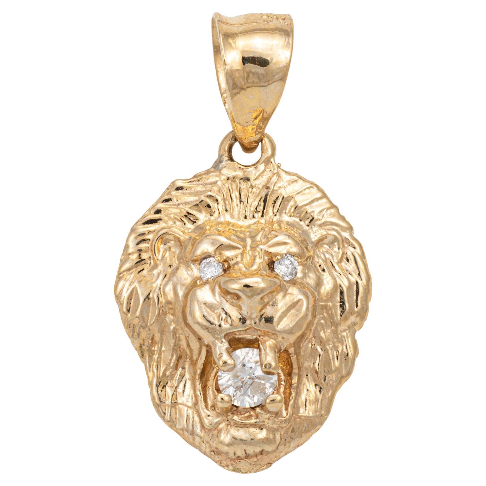 Vintage Diamond Lion Pendant 10k Yellow Gold Estate Fine Animal Jewelry For Sale