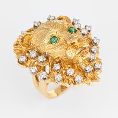 Diamond Lion Ring Emerald Eyes 18 Karat Yellow Gold Large Face Ornate Jewelry