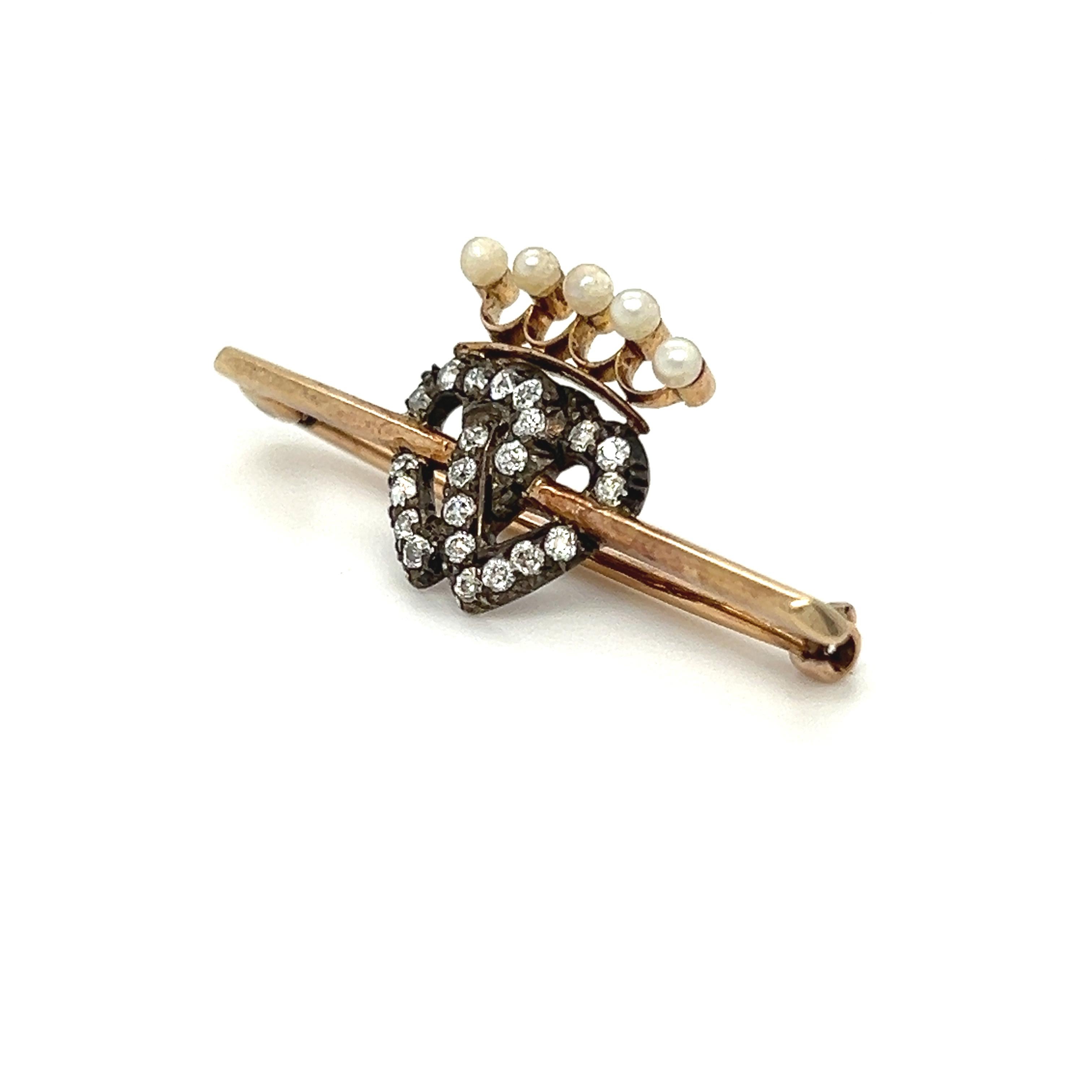 Victorian Vintage Diamond Luckenbooth Brooch in Silver/14K Yellow Gold - 0.44ct. For Sale