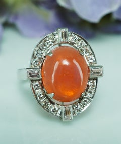Vintage Diamond Mexican Fire Opal Bright Orange 14K White Gold Halo Ring Estate