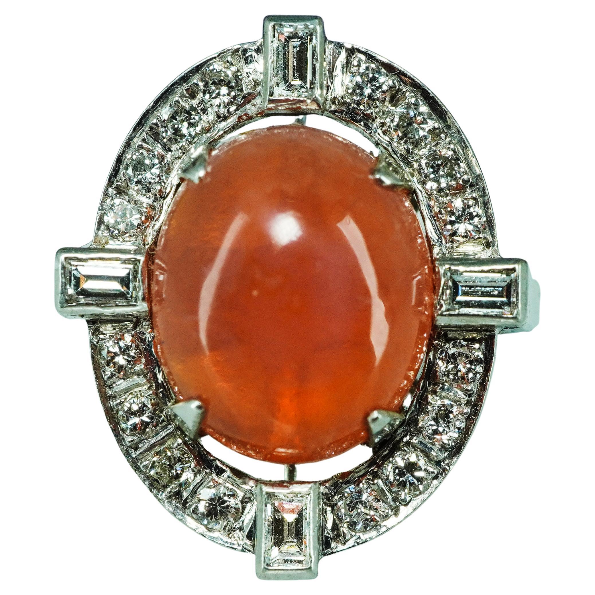 Vintage Diamond Mexican Fire Opal Bright Orange 14K White Gold Halo Ring Estate