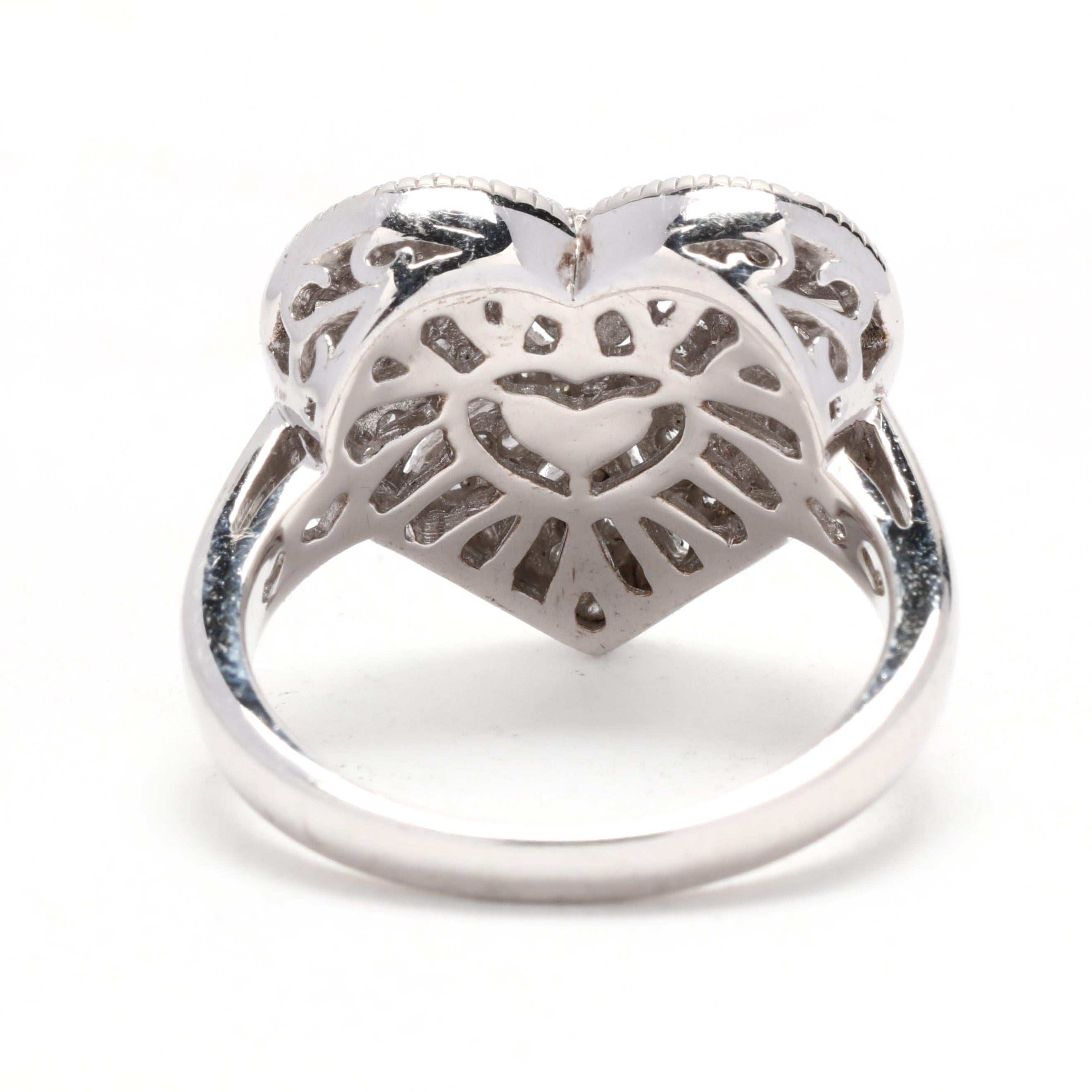 Women's or Men's Vintage Diamond Milgrain Heart Statement Ring, Sterling Silver, Ring
