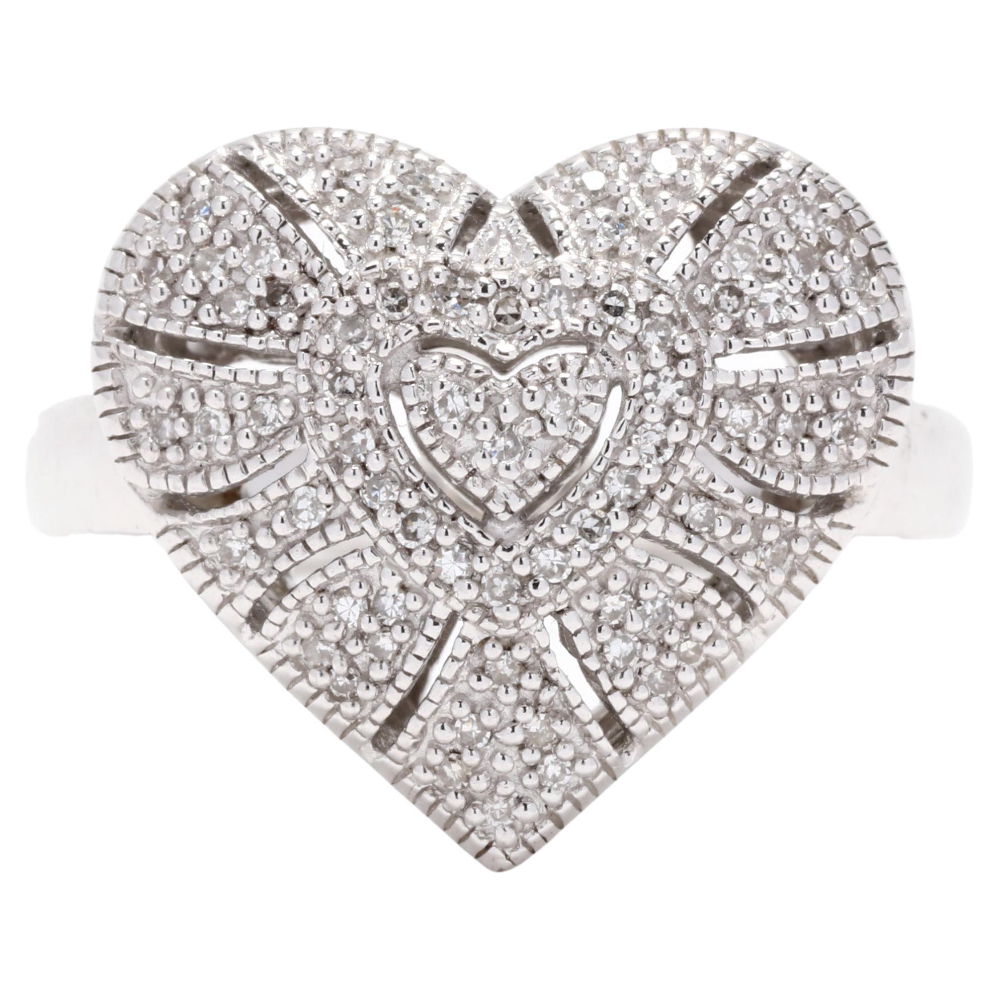 Vintage Diamond Milgrain Heart Statement Ring, Sterling Silver, Ring