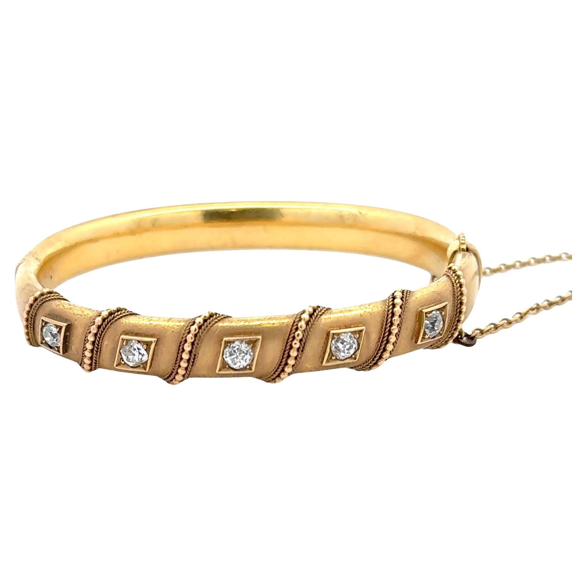 Vintage Diamond Miligrain Bangle Bracelet 1 Carat 18 Karat Yellow Gold 14 Grams