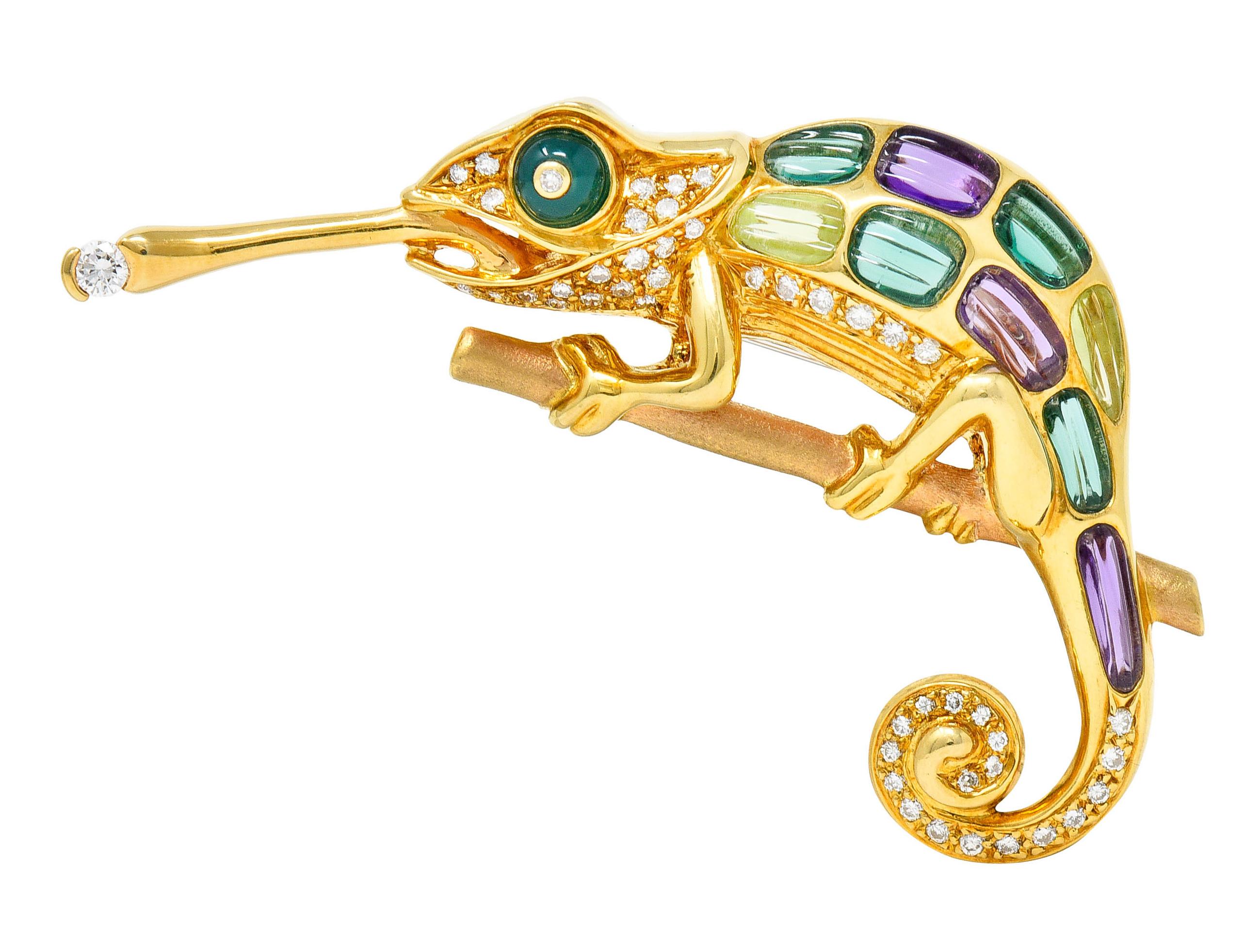 Cabochon Vintage Diamond Multi-Gem 18 Karat Gold Carved Stone Chameleon Lizard Brooch