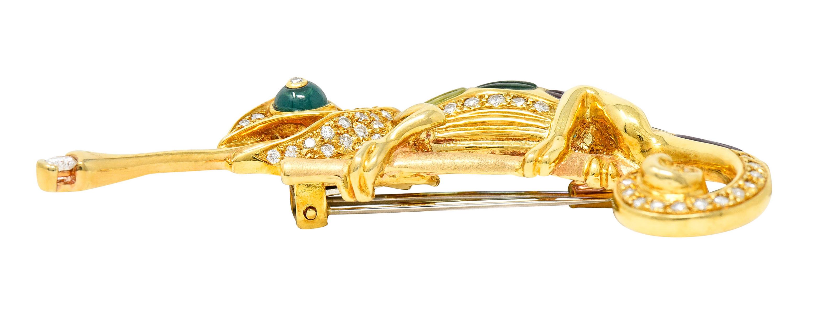 Vintage Diamond Multi-Gem 18 Karat Gold Carved Stone Chameleon Lizard Brooch 2
