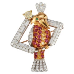 Vintage Diamond & Multi Gem Bird Brooch