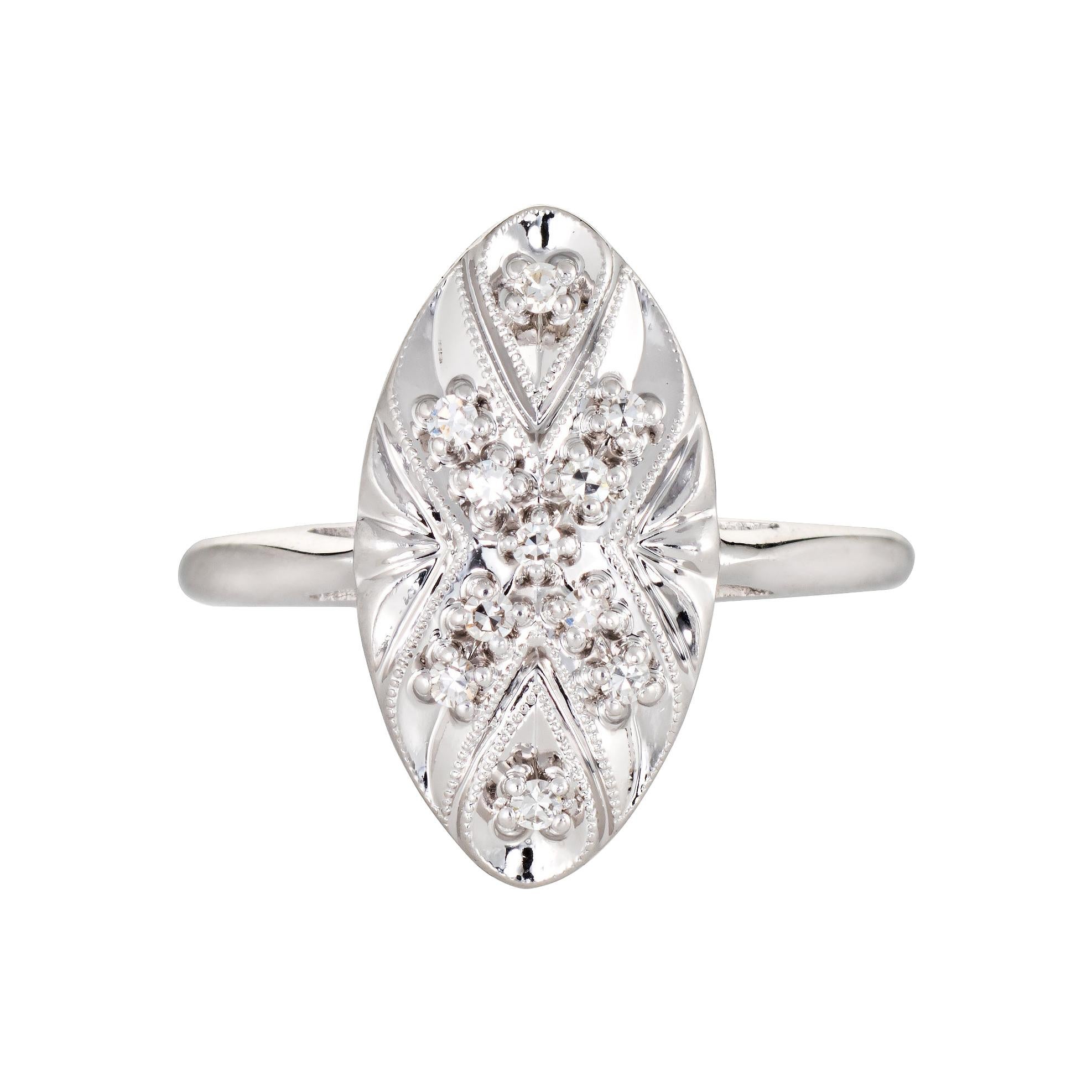 Vintage Diamond Navette Ring 14 Karat White Gold Estate Fine Jewelry Ribbon