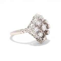Vintage Diamond Navette Ring, 14K White Gold, Marquise Shape Ring, Diamond Clus