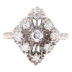  Vintage Diamond Navette Ring, 14K White Gold, Marquise Shape Ring, Diamond Clus