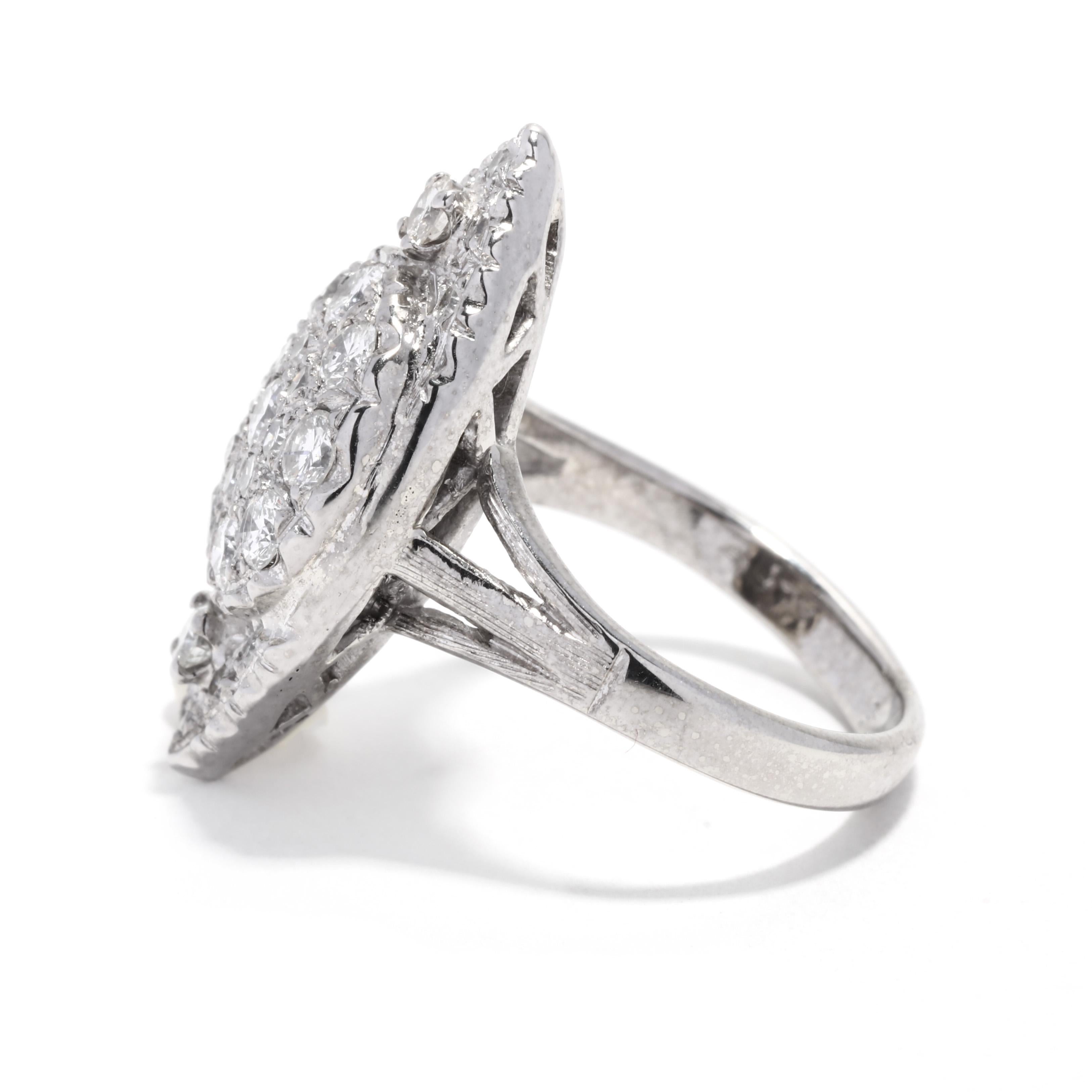 Brilliant Cut Vintage Diamond Navette Ring, 14K White Gold, Ring, Diamond Cluster