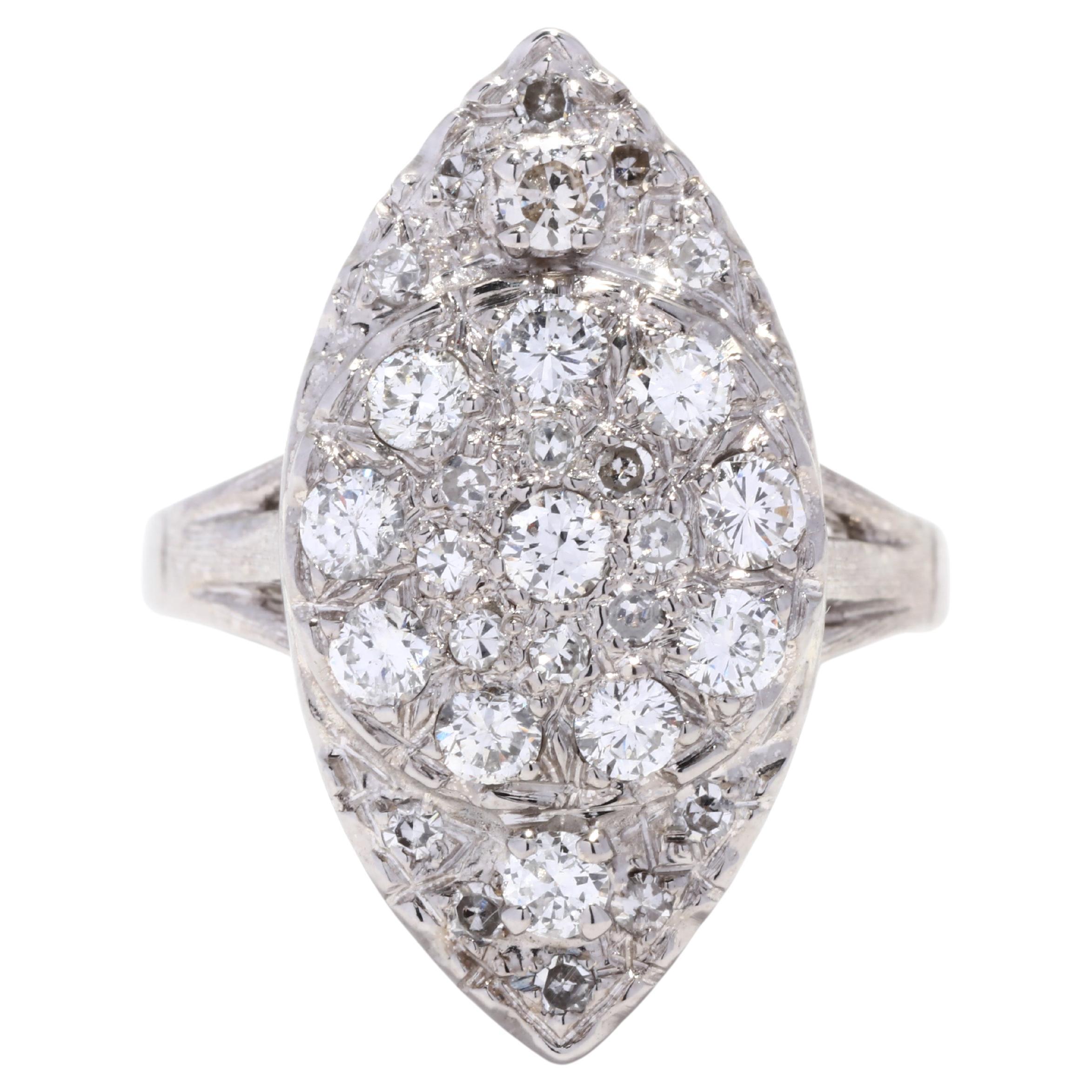 Vintage Diamond Navette Ring, 14K White Gold, Ring, Diamond Cluster