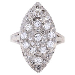 Bague Navette vintage en or blanc 14 carats avec diamants, grappe de diamants