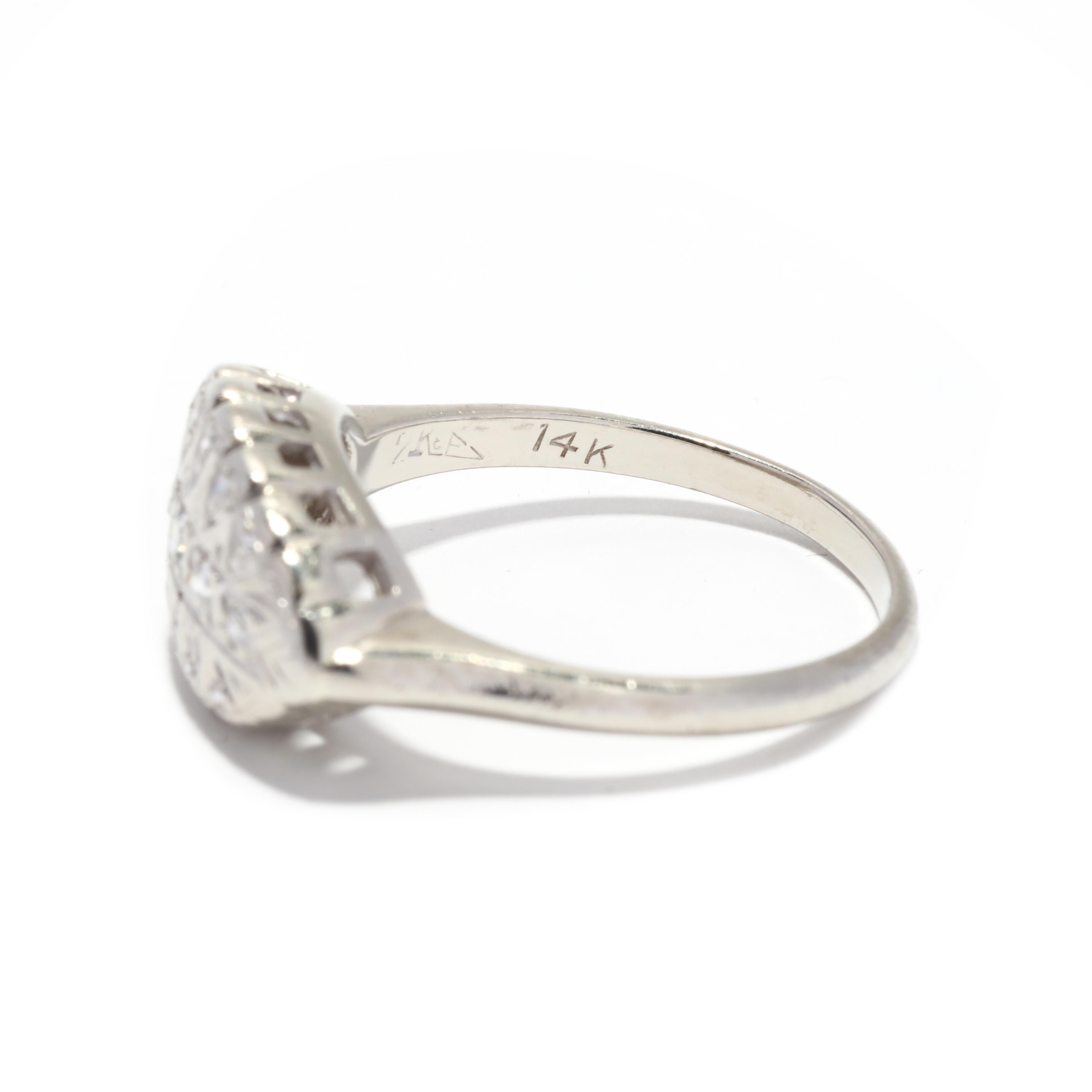 Women's or Men's Vintage Diamond Navette Ring, Horizontal Navette Ring, 14K White Gold