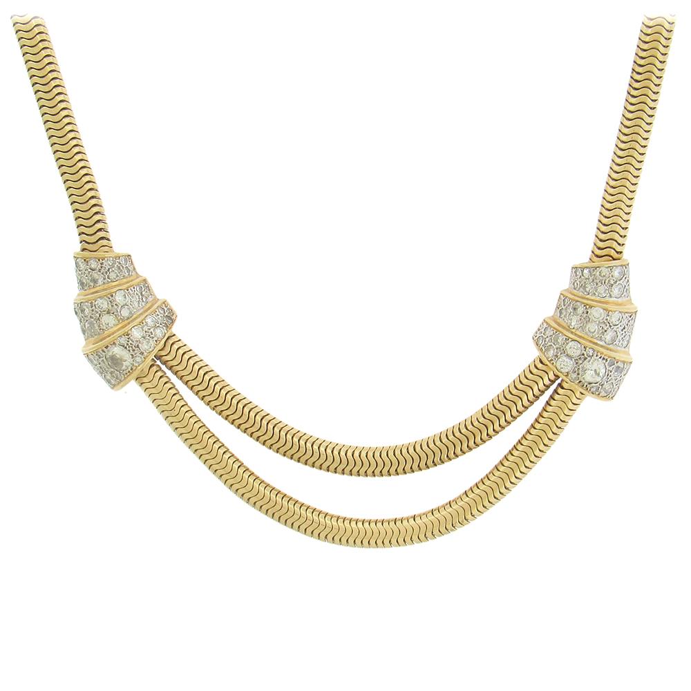 14K yellow gold circa 1940's heavy oval snake chain necklace is set with approx. 4 carats diamonds in triple graduated chevrons on each side. The necklace is 16″ long.