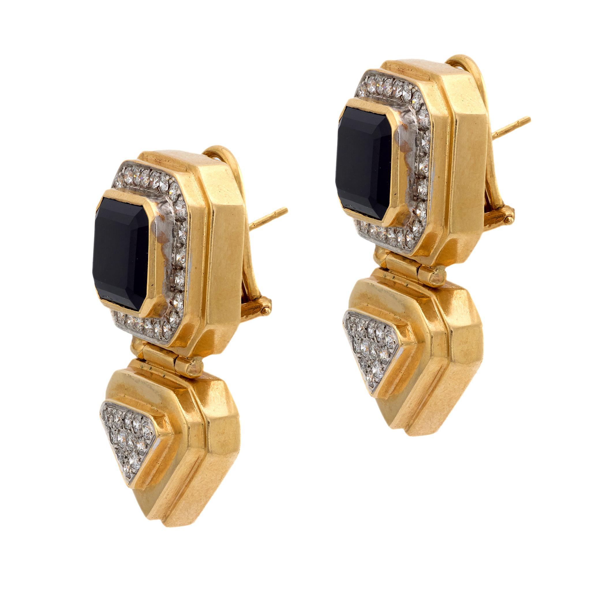 Contemporary Vintage diamond onyx 14k yellow gold chunky earrings For Sale