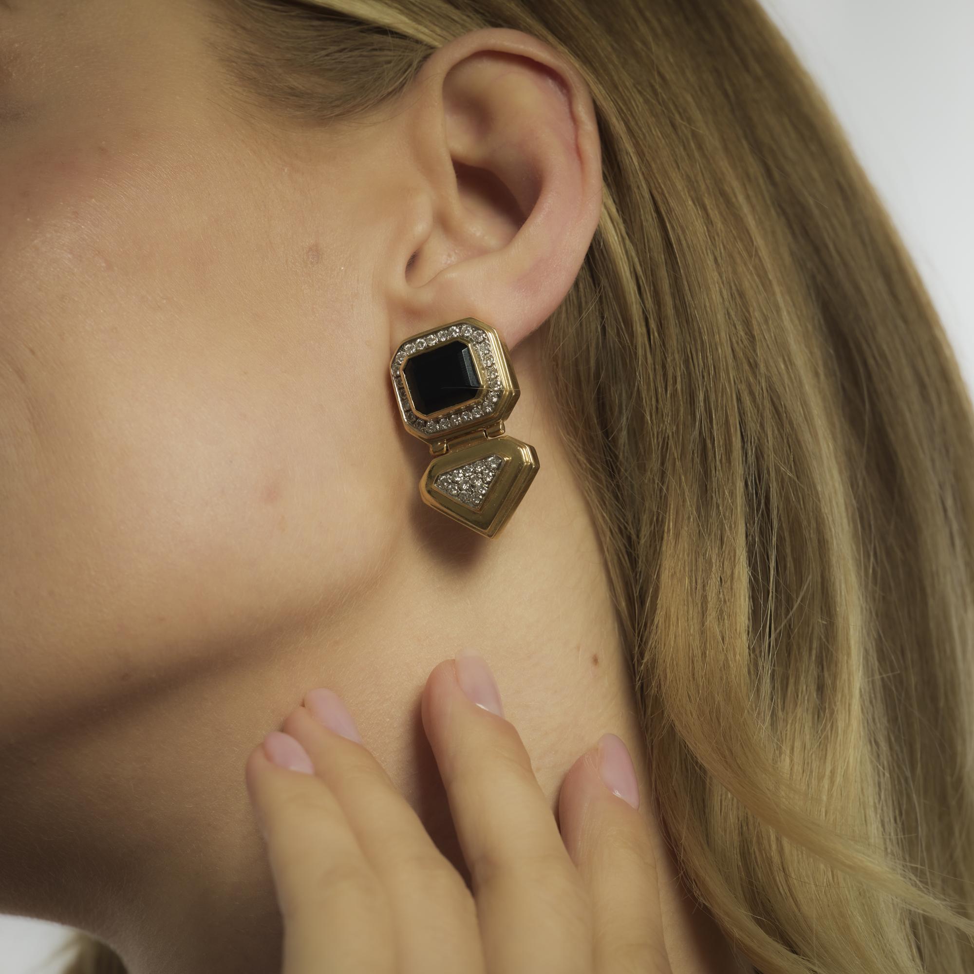 Brilliant Cut Vintage diamond onyx 14k yellow gold chunky earrings For Sale