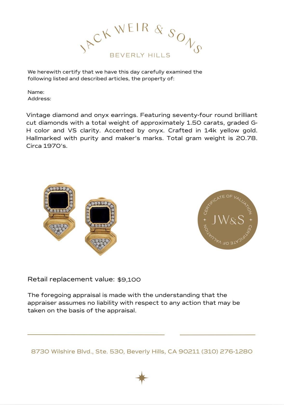 Women's Vintage diamond onyx 14k yellow gold chunky earrings For Sale