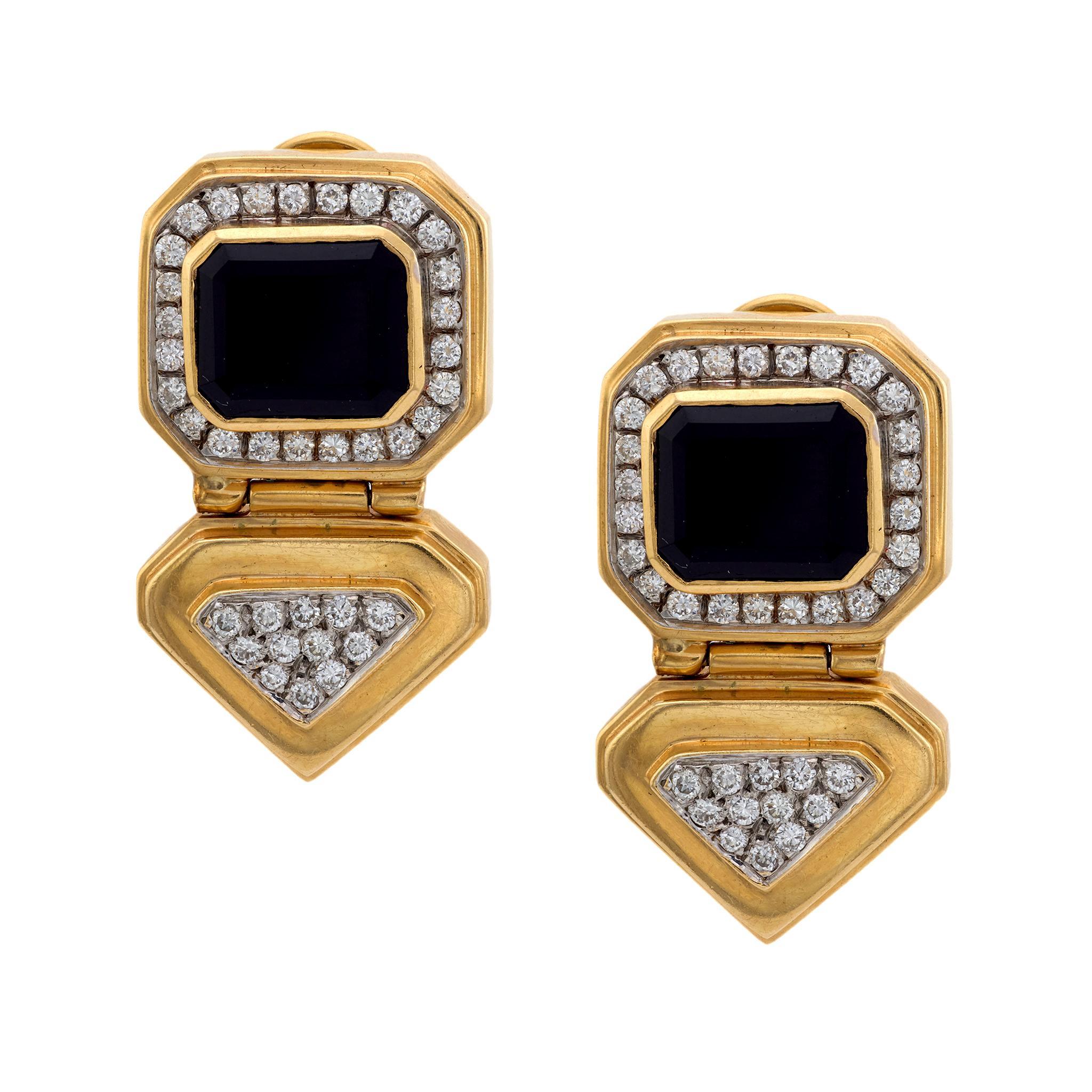Vintage diamond onyx 14k yellow gold chunky earrings For Sale