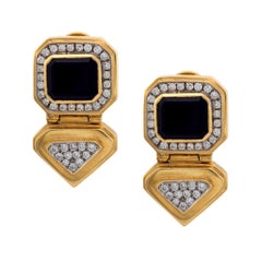 Vintage diamond onyx 14k yellow gold chunky earrings